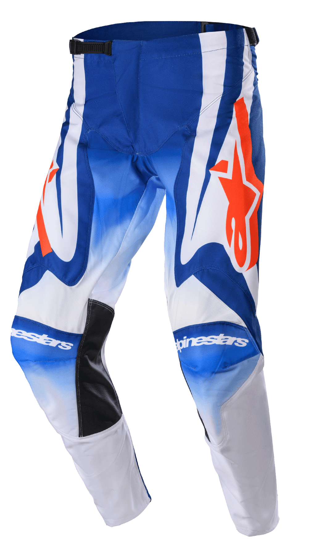 Alpinestars 2023 Racer Semi Hose, Motocross-Hose, Blau, Weiß und Hot Orange, mit großen orangefarbenen Stern-Logos, schwarzen hitzebeständigen Innenknie-Einsätzen und einem vorgeformten ergonomischen Design für Offroad-Rennperformance.