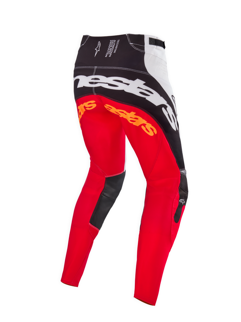 Alpinestars Limited Edition Techstar Deep Motocross-Hose, Farbkombination Schwarz Weiß High Red, Rückansicht mit großem weißem Alpinestars-Branding auf dem Gesäß, orangefarbenen Logos an den Oberschenkeln und schwarzen Leder-Innenkniepaneelen, entwickelt für den professionellen Offroad-Rennsport