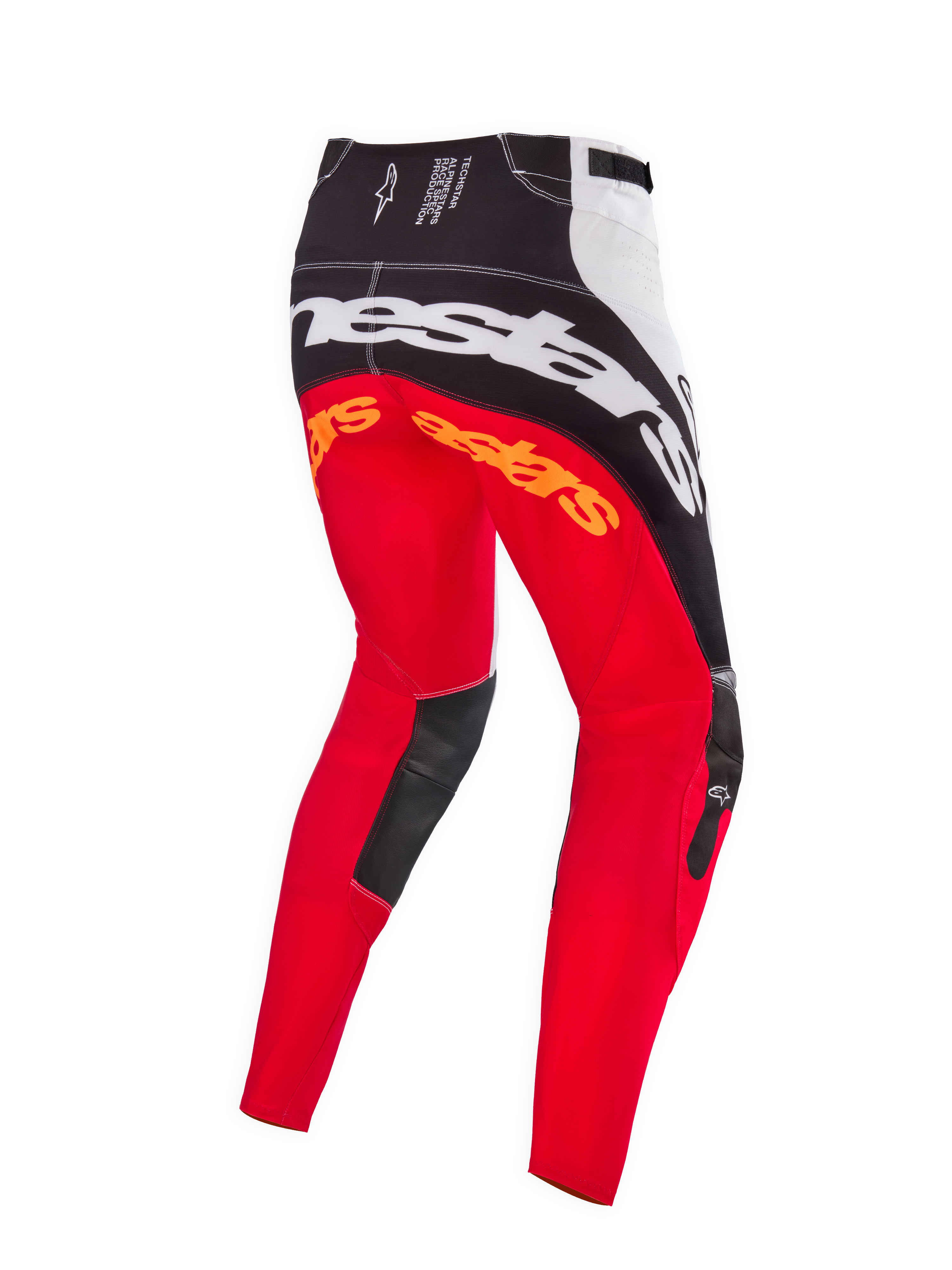 Alpinestars Limited Edition Techstar Deep Motocross-Hose, Farbkombination Schwarz Weiß High Red, Rückansicht mit großem weißem Alpinestars-Branding auf dem Gesäß, orangefarbenen Logos an den Oberschenkeln und schwarzen Leder-Innenkniepaneelen, entwickelt für den professionellen Offroad-Rennsport