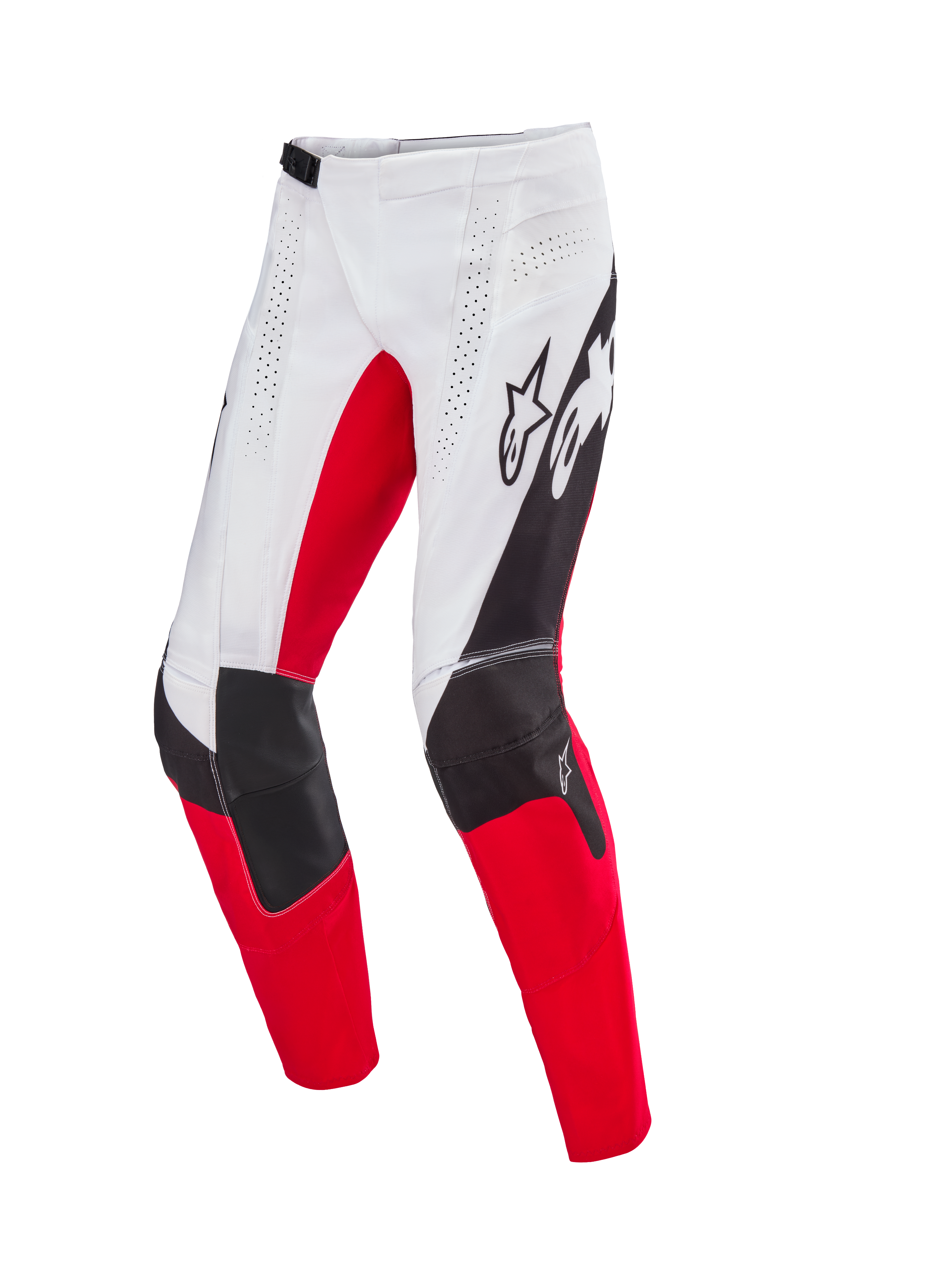 Alpinestars Limited Edition Techstar Deep Hose, Motocross-Hose, Weiß, Schwarz und High Red, laserperforierte Belüftung, 3D Babel-Kniekonstruktion mit verstärkten Einsätzen, markantes Alpinestars-Branding auf den Oberschenkeln, konzipiert für professionelle Offroad-Performance
