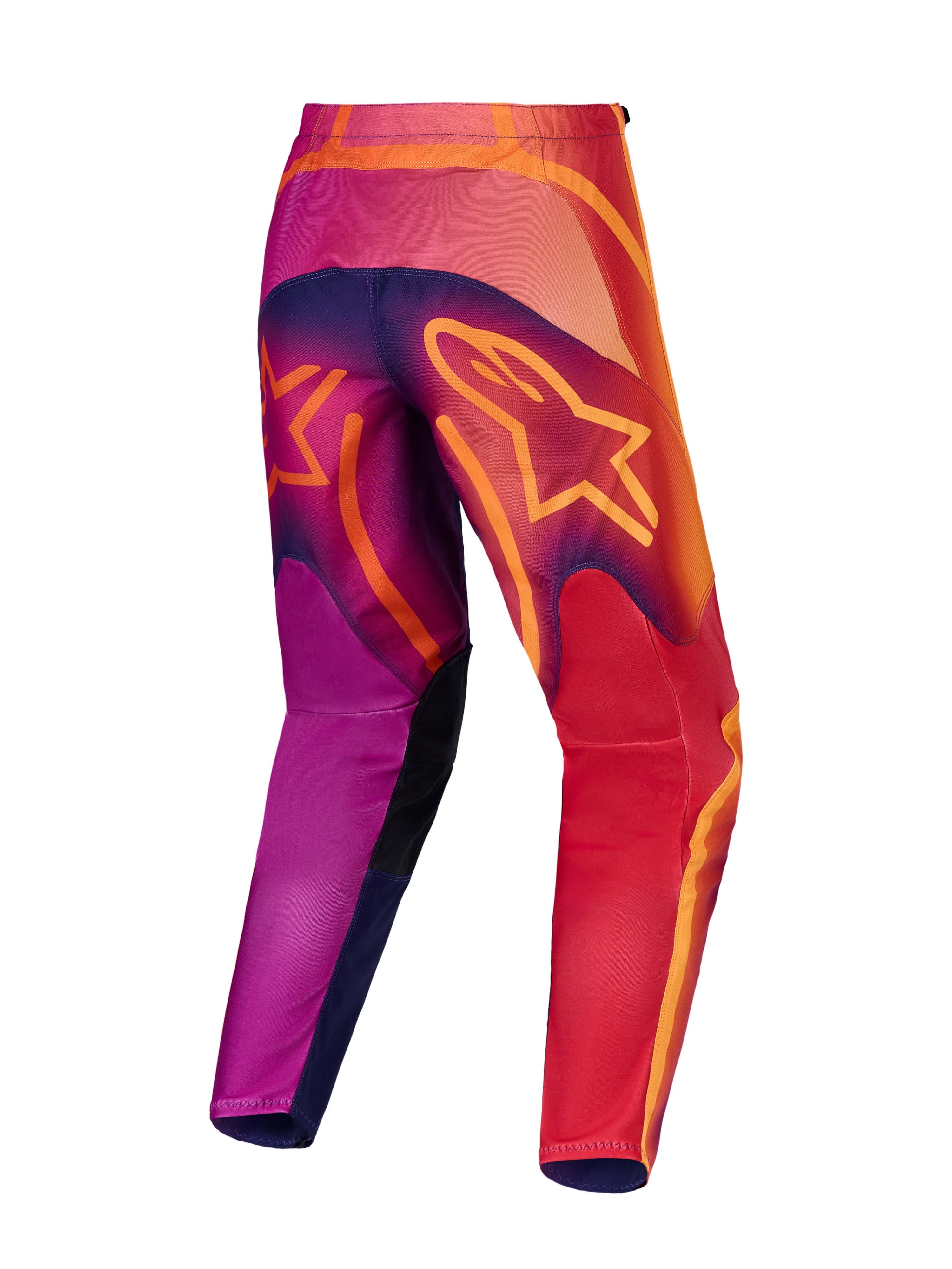 Alpinestars Fluid Kepler motocrossbroek in paars en oranje, achteraanzicht, duurzaam 600D polystof en sportieve pasvorm.