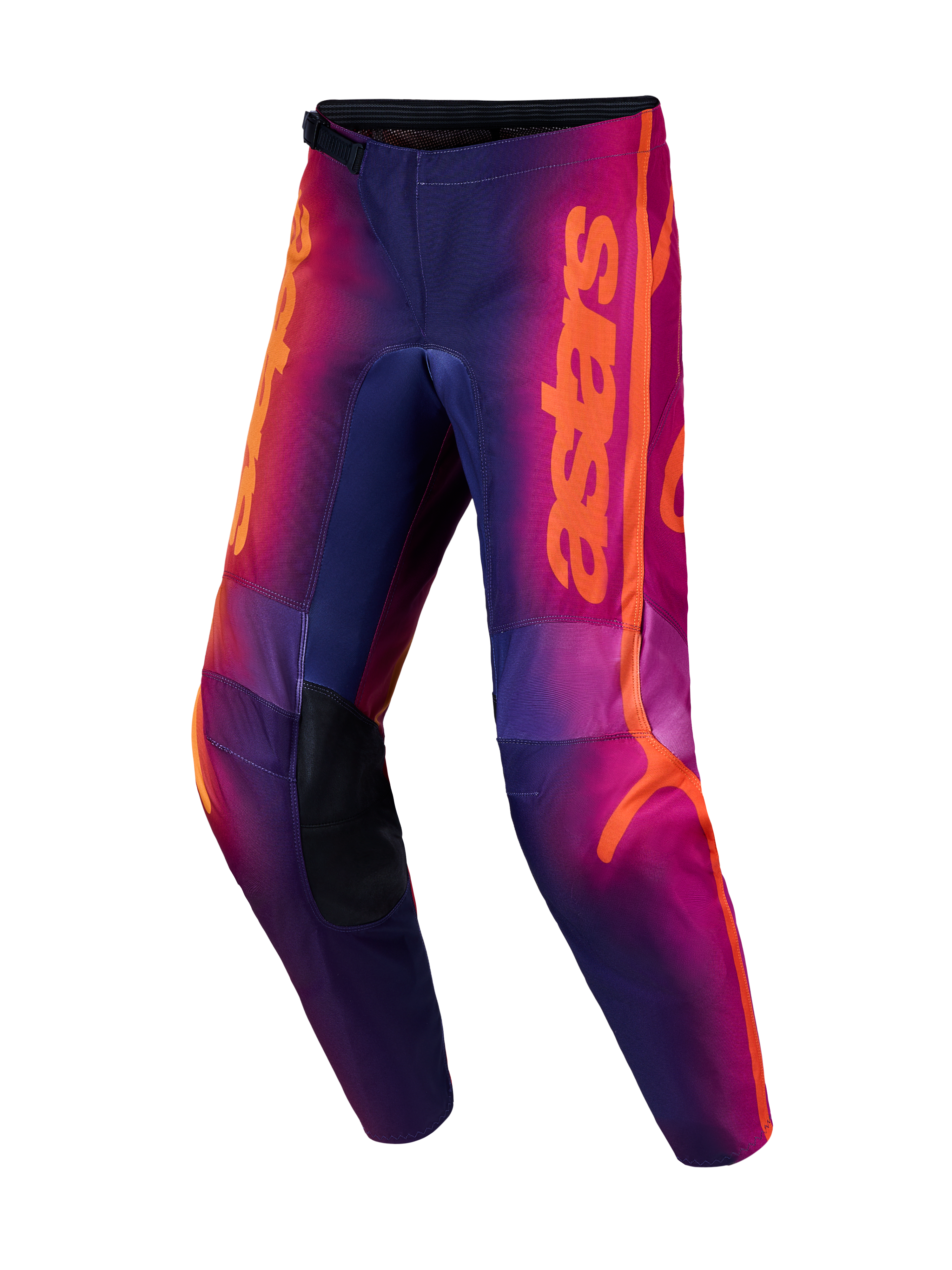 Alpinestars Fluid Kepler motorcrossbroek in paars en oranje, met verstevigde knieën en ergonomisch 3D-patroon van 600D polystof.