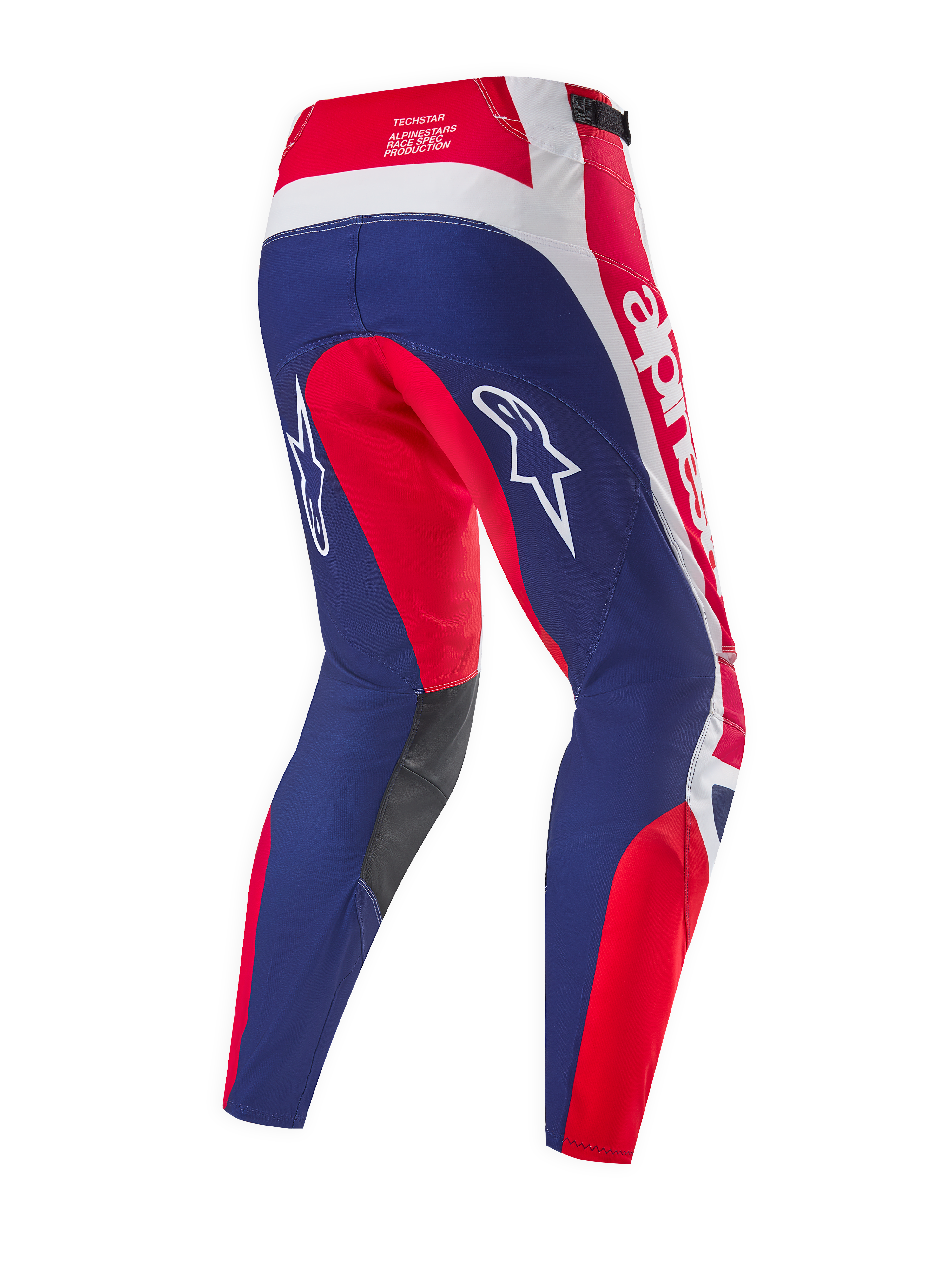 Alpinestars Limited Edition Techstar Fortitude Hose, Motocross-Hose, Hellrot Weiß Blau, Rückansicht mit blauen Gesäß- und Beinpartien, roten und weißen Akzenten, weißen Stern-Logos auf den Oberschenkeln und Techstar Race-Spec-Branding am Bund.