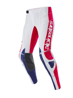 Alpinestars Limited Edition Techstar Fortitude Hose, Motocross-Hose, Hellrot, Weiß und Blau, mit vertikalem roten Streifen und Alpinestars-Branding, blauen geometrischen Akzenten und schwarzen verstärkten Knie-Innenpaneelen für Offroad-Rennen