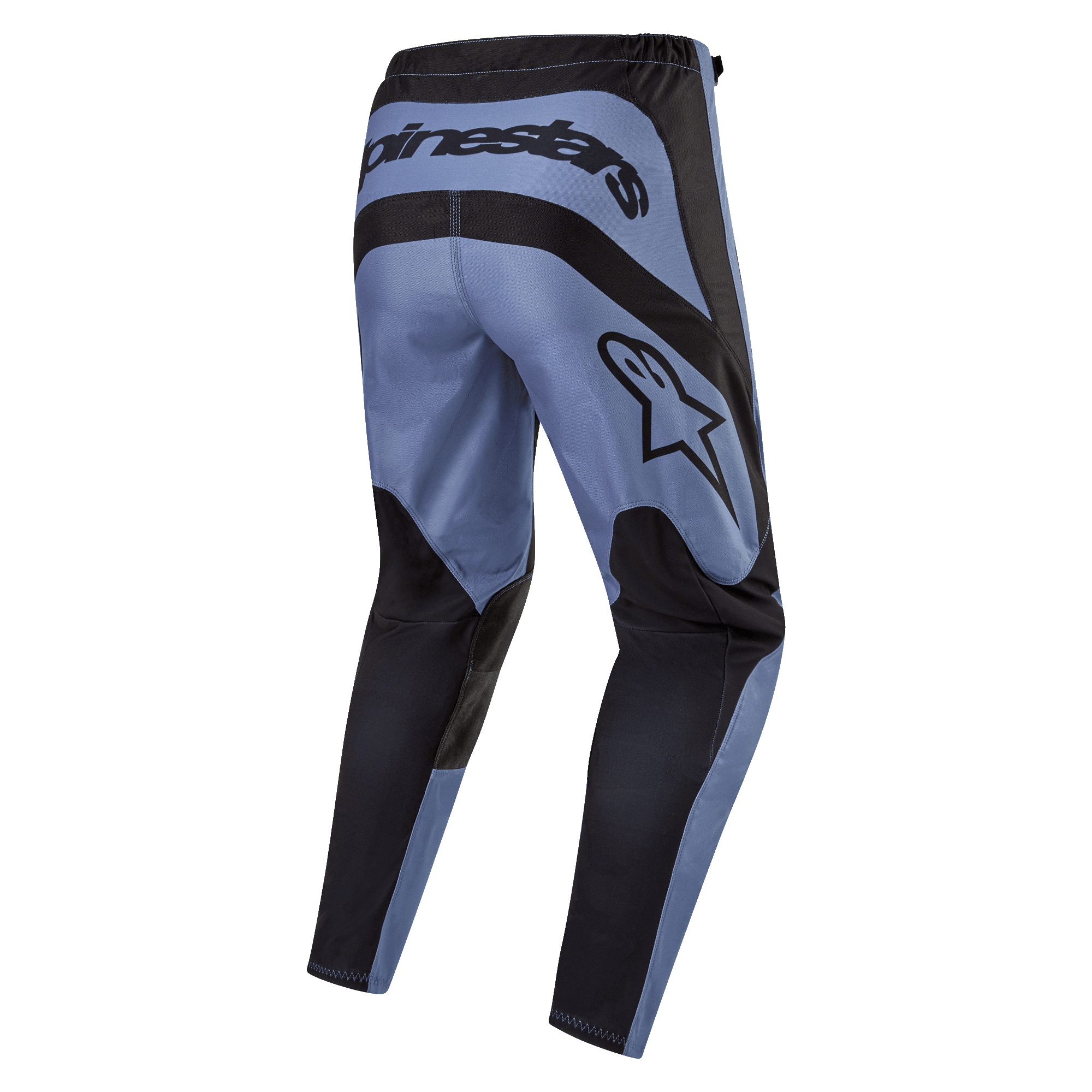 Alpinestars 2024 Fluid Lurv Pants, pantalon de motocross, bleu clair et noir, vue arrière montrant le marquage Alpinestars imposant à l'arrière et sur le côté, panneaux renforcés noirs sur l'assise et l'intérieur des jambes, conception ergonomique pré-courbée pour la performance tout-terrain
