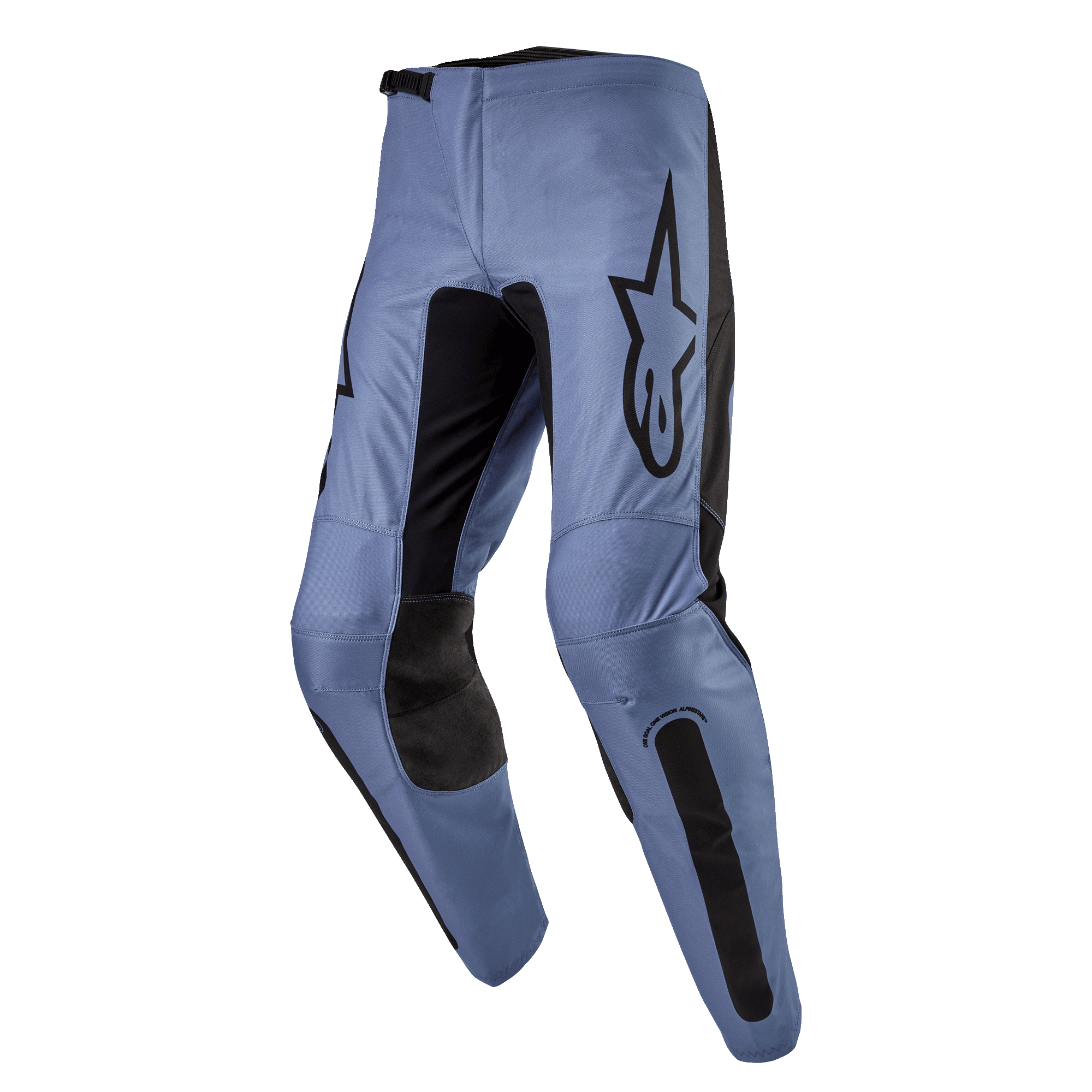 Alpinestars 2024 Fluid Lurv Pants, pantalon de motocross, bleu clair et noir, avec un grand logo Alpinestars noir sur la cuisse, des panneaux intérieurs renforcés aux genoux et une conception ergonomique pré-courbée pour la conduite tout-terrain