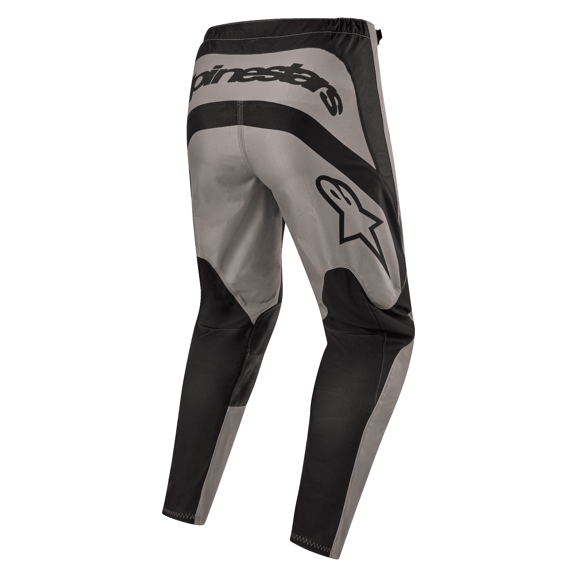 Alpinestars 2024 Fluid Lurv Hose, Motocross-Hose, Mud Black (Schwarz), Rückansicht mit markantem Alpinestars-Schriftzug auf der Rückseite und Stern-Logo auf dem rechten Oberschenkel, grau-schwarzes Panel-Design aus strapazierfähigem 600D Poly-Gewebe für Offroad-Fahrten