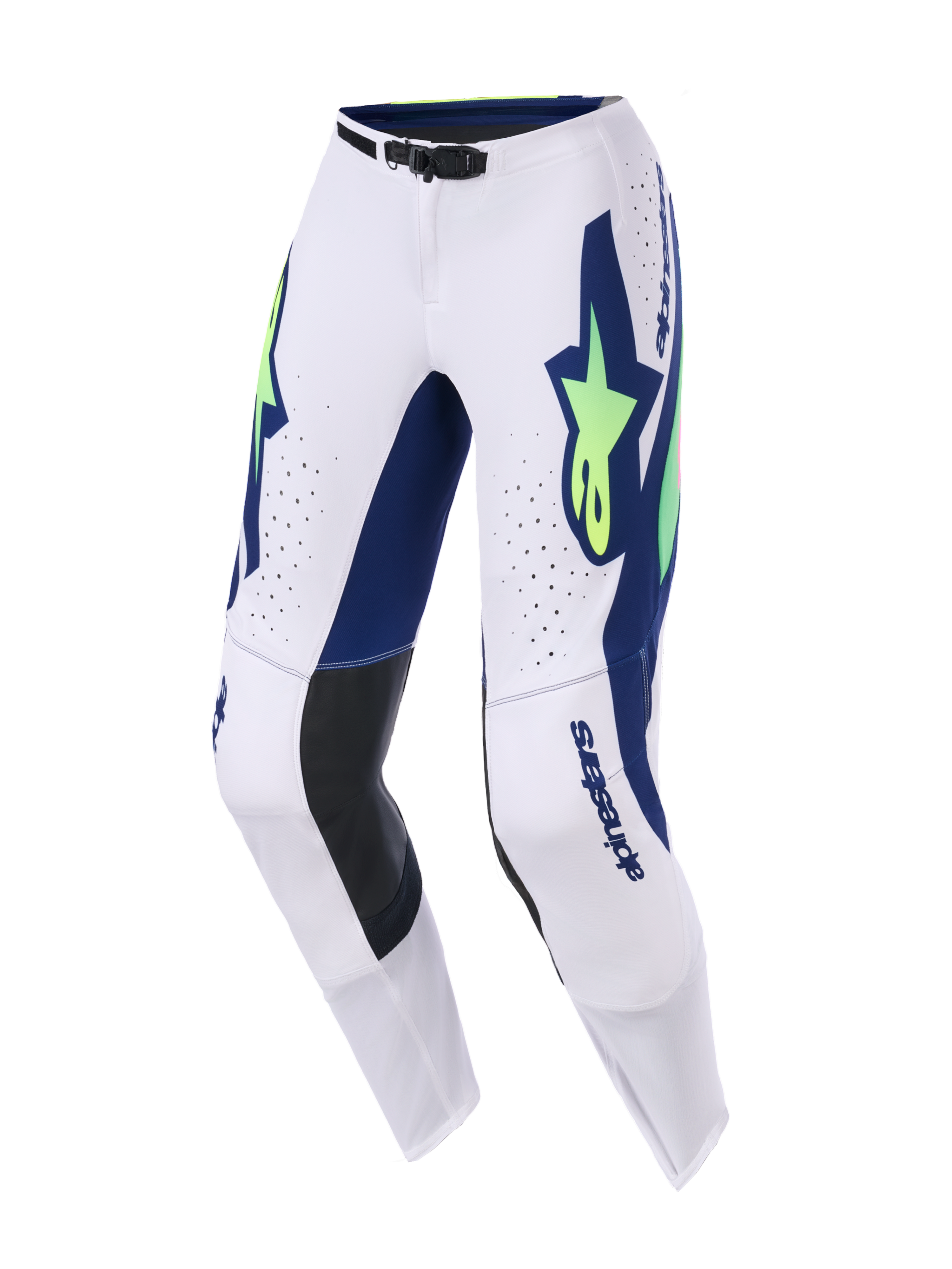Alpinestars 2026 Supertech Vista Pants, Motocross Pants, Light Gray Yellow Fluo Blue, featuring bold blue graphics with neon yellow star logos, black leather inner knee panels, laser-cut ventilation holes, and a streamlined athletic fit for off-road performance.