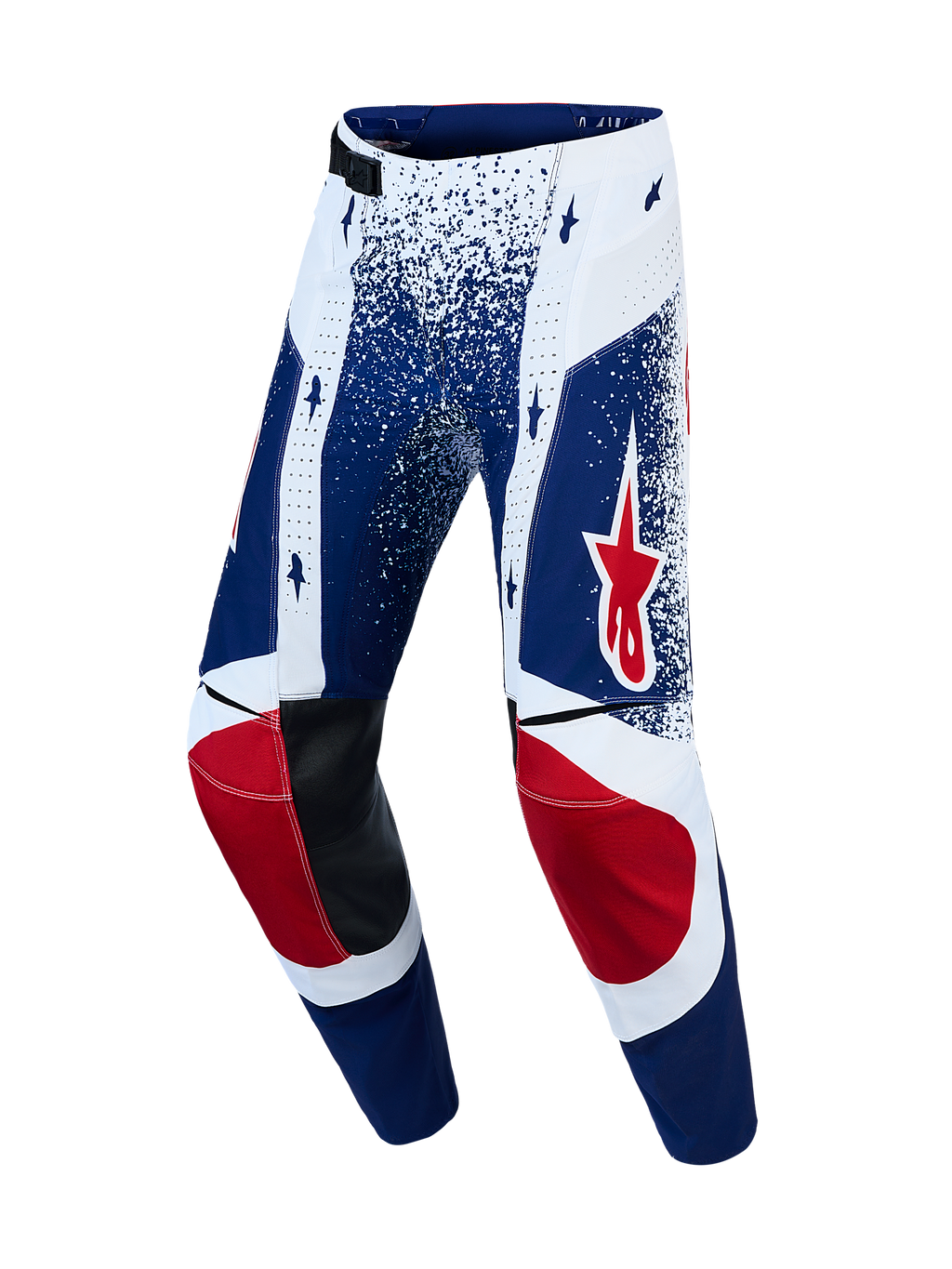 Alpinestars Techstar Unity, pantalon de motocross édition limitée pour homme, bleu et blanc avec motifs d'étoiles rouges.