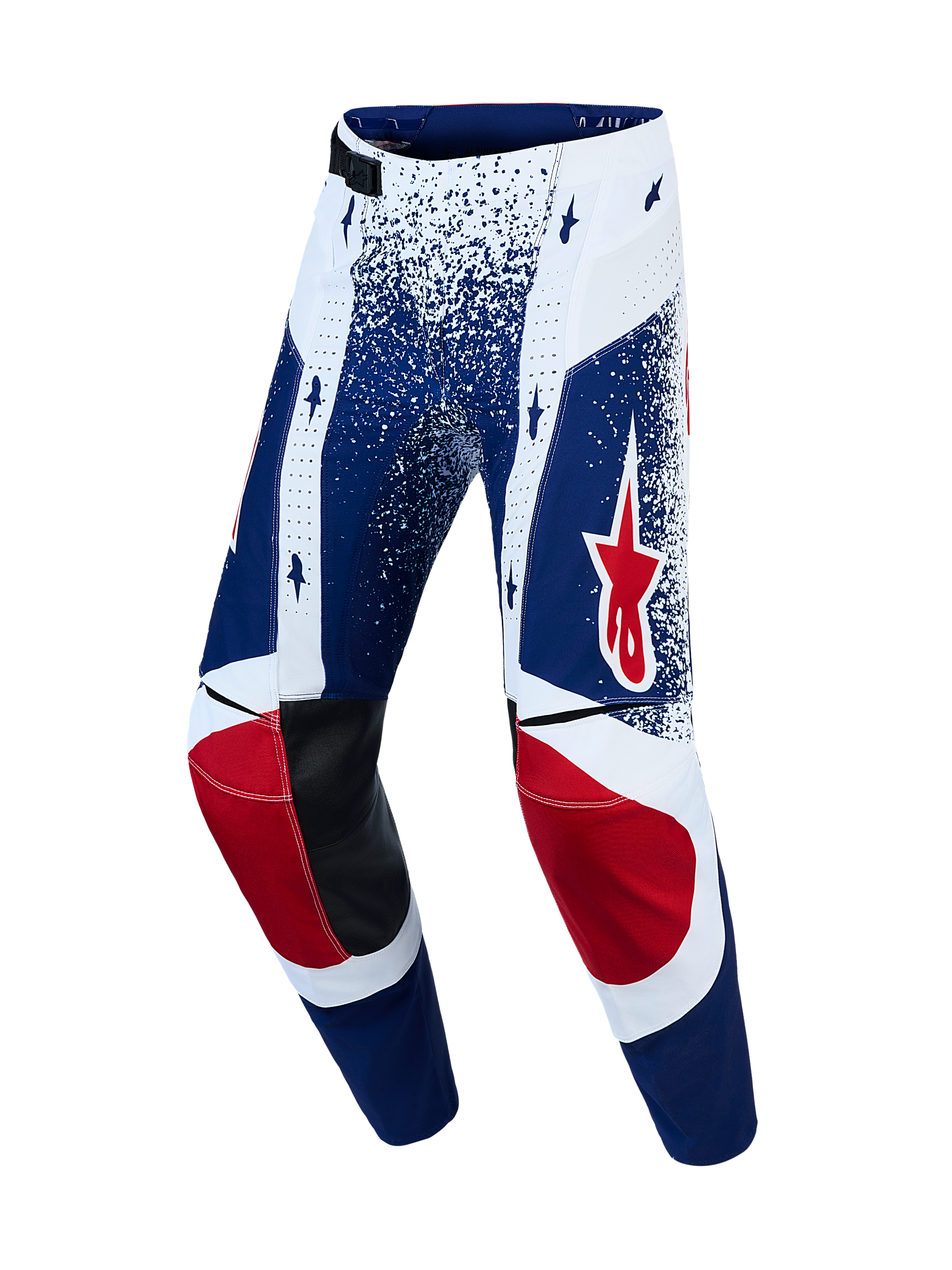 Alpinestars Techstar Unity, pantalon de motocross édition limitée pour homme, bleu et blanc avec motifs d'étoiles rouges.