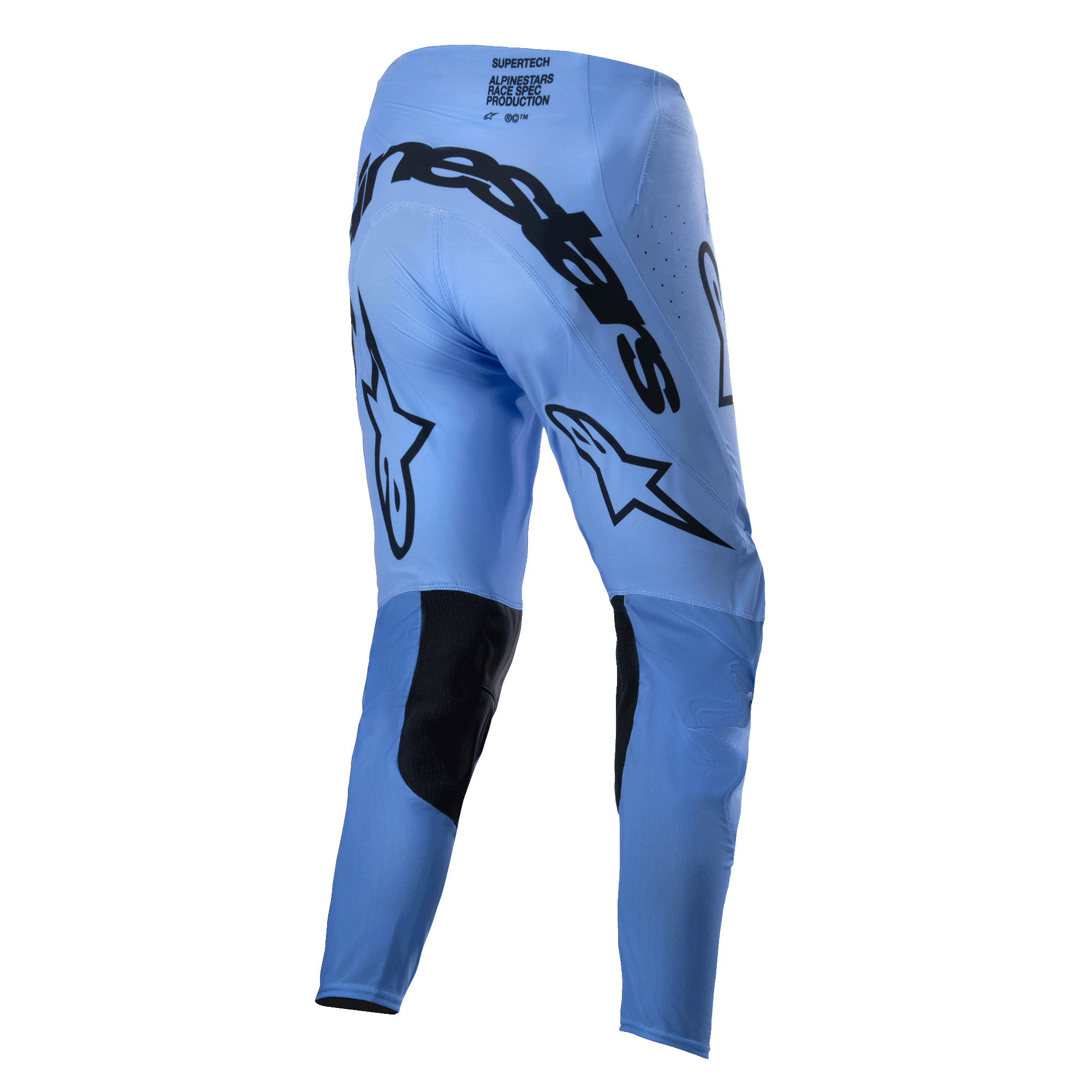 Pantalon Alpinestars Supertech Dade 2024, pantalon de motocross, bleu clair, vue arrière montrant un grand logo Alpinestars noir sur l'assise, des logos étoiles à l'arrière des jambes, des renforts noirs à l'intérieur des genoux et des zones de ventilation perforées.