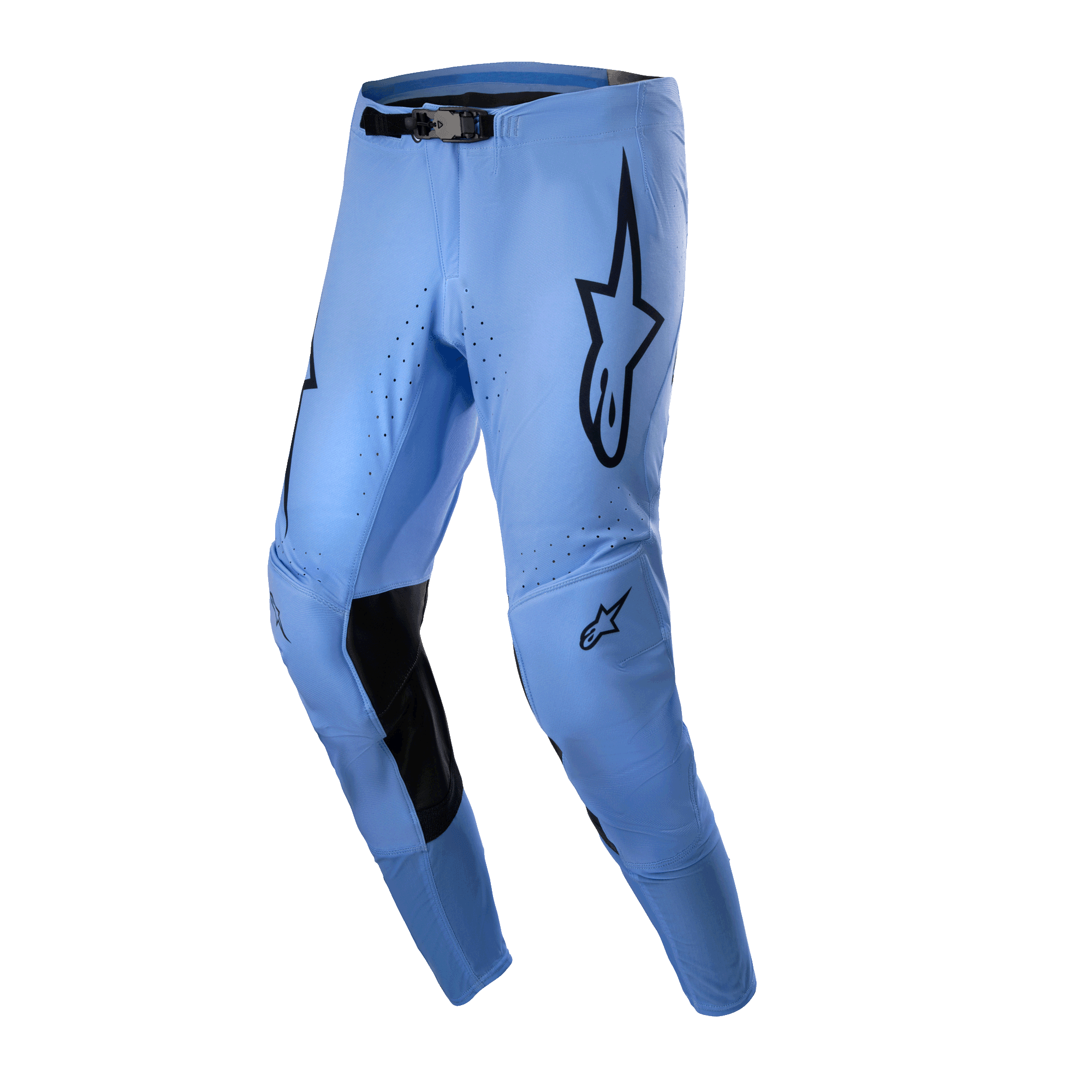 Alpinestars 2024 Supertech Dade Pants, pantalon de motocross, bleu clair, avec logos étoilés noirs sur les cuisses, renforts intérieurs noirs aux genoux, perforations de ventilation et coupe athlétique pour la performance tout-terrain