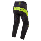 Alpinestars Techstar Rantera 2024, pantalon de motocross, noir, bleu marine et jaune fluo, vue arrière présentant un marquage jaune fluo audacieux sur l'assise, des empiècements à motifs bleu marine et un tissu technique noir pour la performance en course tout-terrain