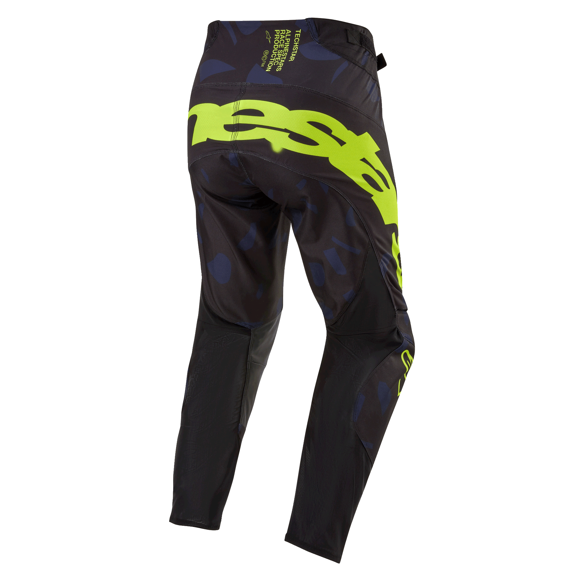 Alpinestars Techstar Rantera 2024, pantalon de motocross, noir, bleu marine et jaune fluo, vue arrière présentant un marquage jaune fluo audacieux sur l'assise, des empiècements à motifs bleu marine et un tissu technique noir pour la performance en course tout-terrain
