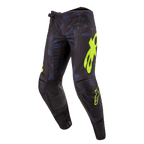 Alpinestars Techstar Rantera Pants 2024, pantalon de motocross, noir, bleu marine et jaune fluo, avec logo jaune vif, perforations découpées au laser pour la circulation de l'air et empiècements renforcés aux genoux, design inspiré de la course pour la performance en motocross