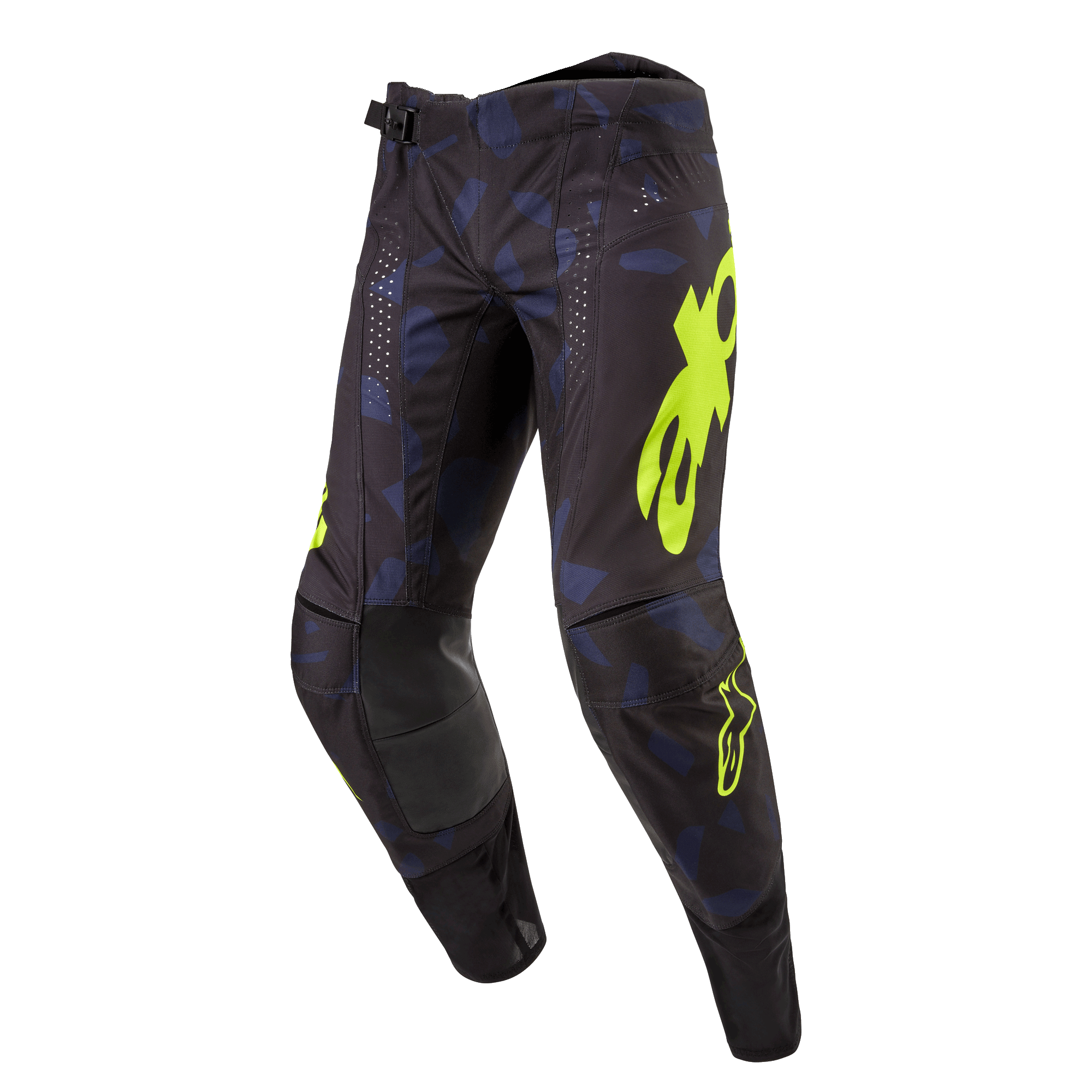 Alpinestars Techstar Rantera Pants 2024, pantalon de motocross, noir, bleu marine et jaune fluo, avec logo jaune vif, perforations découpées au laser pour la circulation de l'air et empiècements renforcés aux genoux, design inspiré de la course pour la performance en motocross