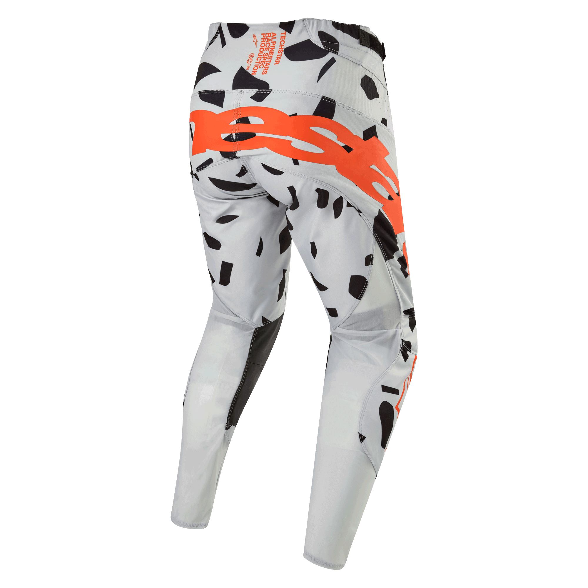 Alpinestars 2024 Techstar Rantera Pants, pantalon de motocross, Haze Gray Camo, vue arrière montrant un grand logo orange sur l'assise, motifs graphiques noirs sur tissu gris, conception athlétique pour la performance tout-terrain