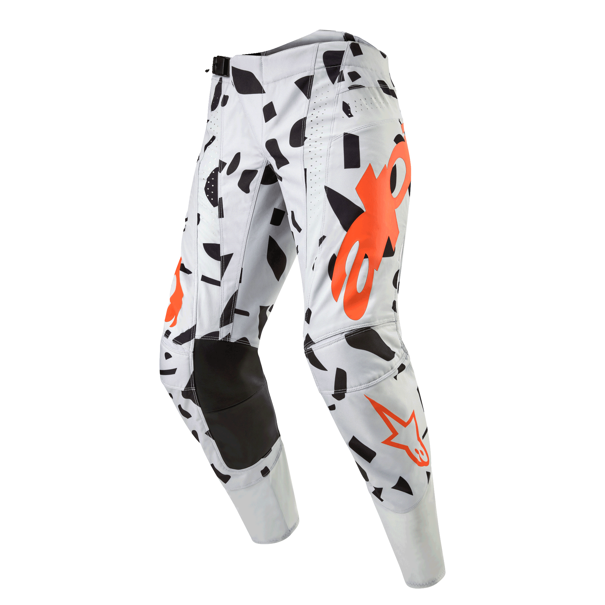 Pantalon Alpinestars Techstar Rantera 2024, pantalon de motocross, Haze Gray Camo, gris clair avec des motifs abstraits noirs et des logos orange, genoux renforcés noirs, équipement de course tout-terrain professionnel