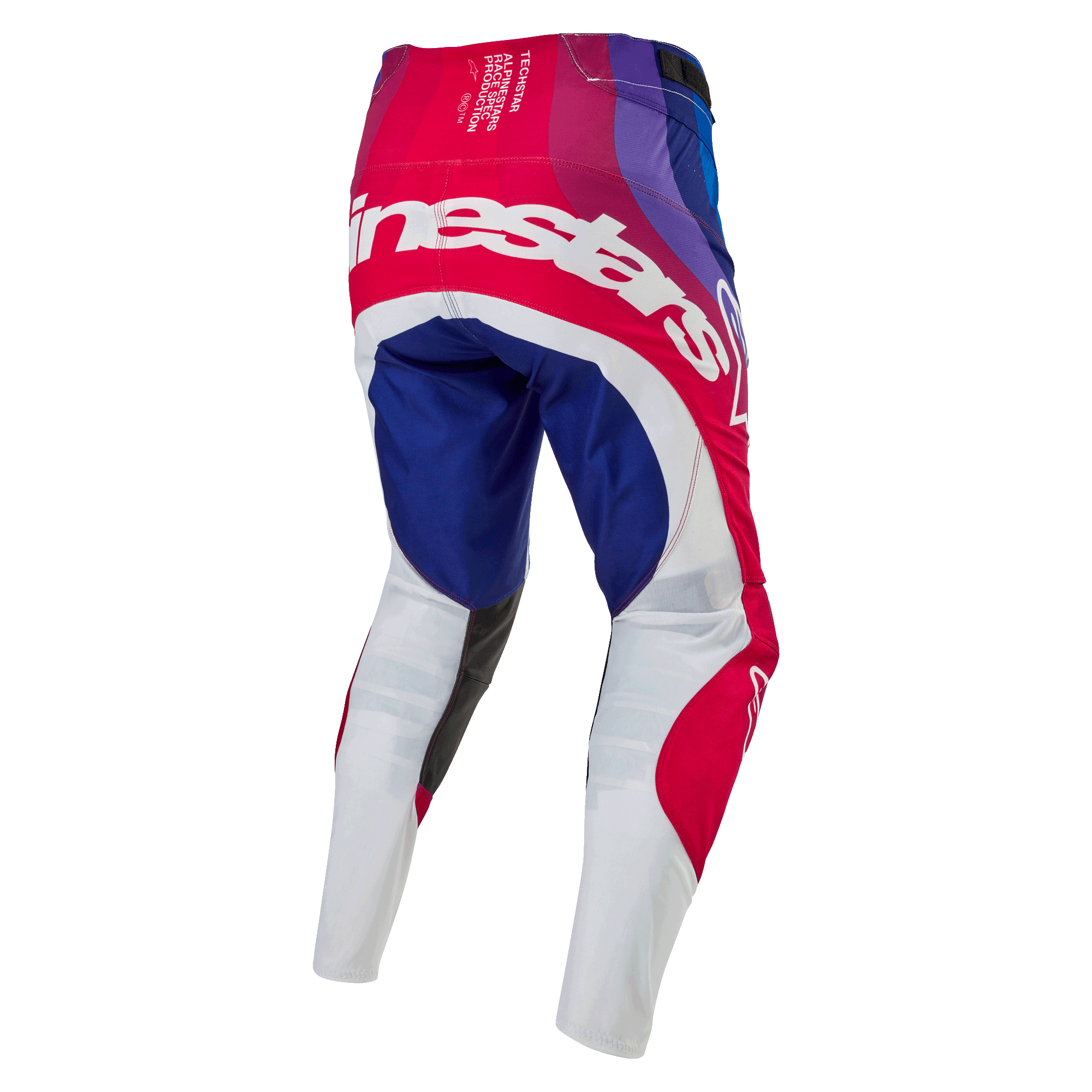 Alpinestars 2024 Techstar Pneuma crossbroek, motorcross broek, blauw, marsrood en wit, achteraanzicht met grote witte Alpinestars-branding over het zitvlak, blauwe en rode panelen met witte onderkant van de benen, duurzaam ontwerp voor off-road competitie