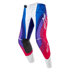 Alpinestars 2024 Techstar Pneuma broek, motorcrossbroek, Blu Mars Red White, met een dynamisch golfpatroon in blauwe, paarse en rode tinten, witte Alpinestars-logo's en duurzame zwarte binnenpanelen op de knieën