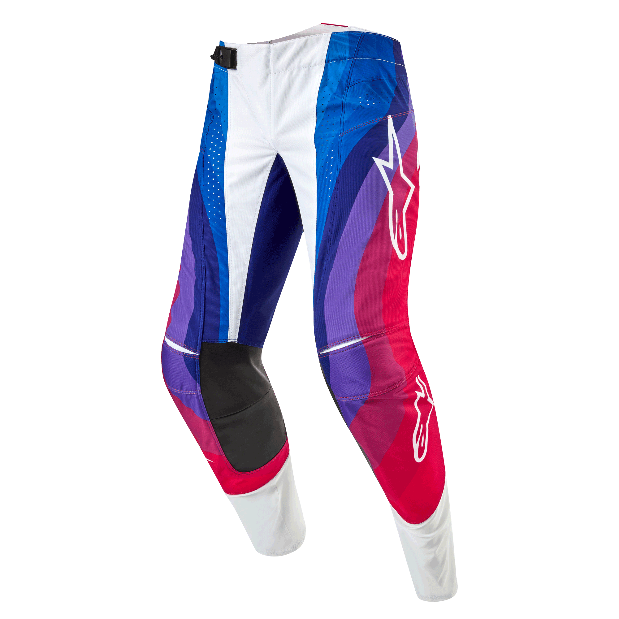 Alpinestars 2024 Techstar Pneuma broek, motorcrossbroek, Blu Mars Red White, met een dynamisch golfpatroon in blauwe, paarse en rode tinten, witte Alpinestars-logo's en duurzame zwarte binnenpanelen op de knieën