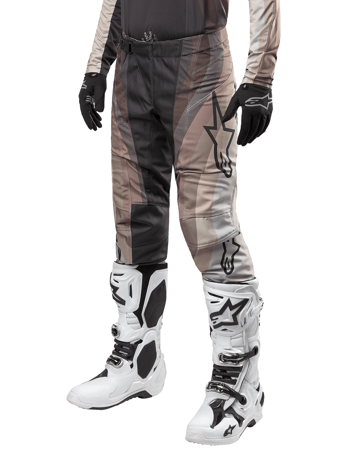 Alpinestars Techstar Pneuma Pants, Motocross Pants, Gray Black and Beige, Star Logo, Protective Motocross Gear with Boots and Gloves