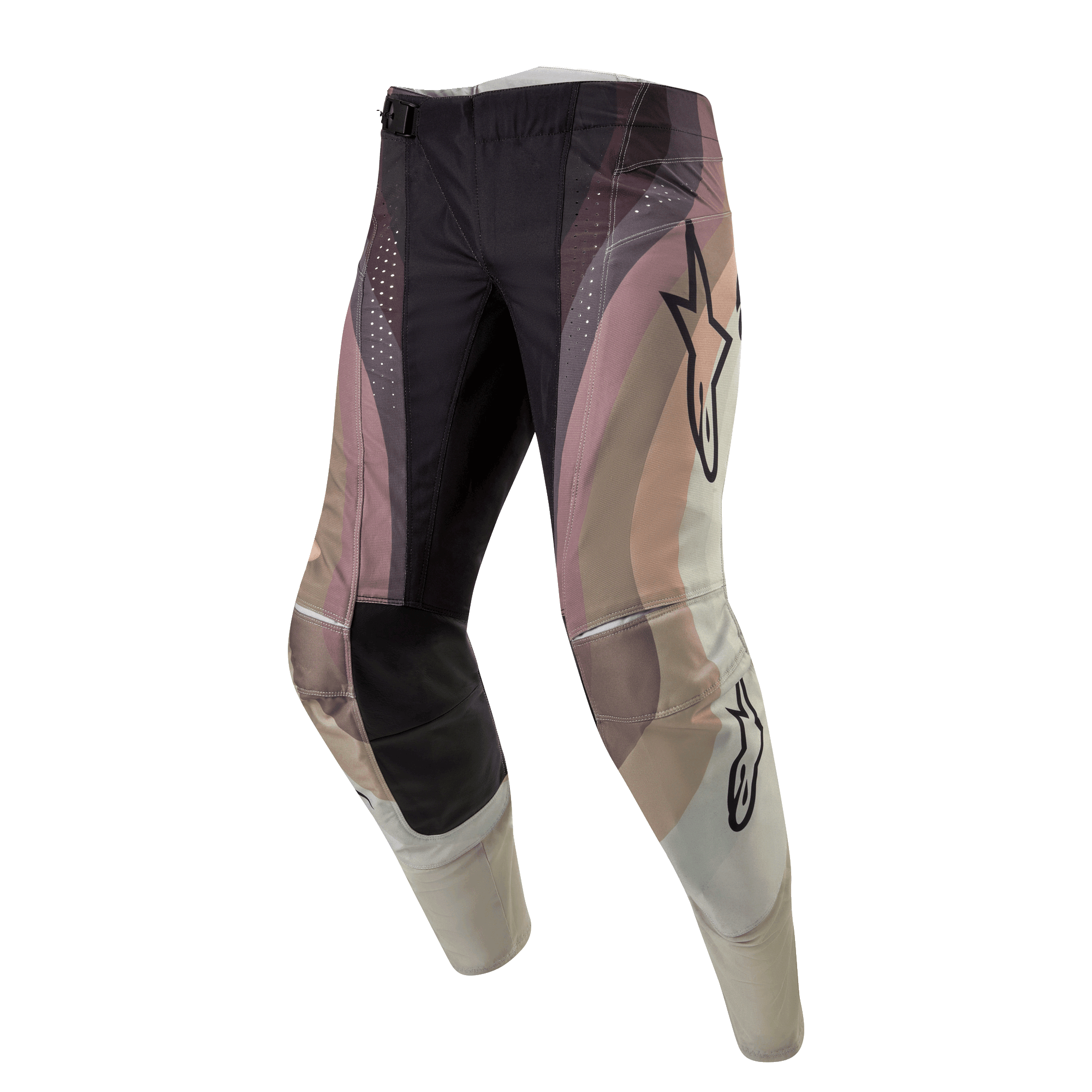 Alpinestars Pantalon Techstar Pneuma 2024, pantalon de motocross, sable foncé, poussière de fer et gris, doté d'un design ondulé à blocs de couleurs avec logos étoile Alpinestars, panneaux de genoux renforcés noirs et perforations laser, équipement de course tout-terrain durable
