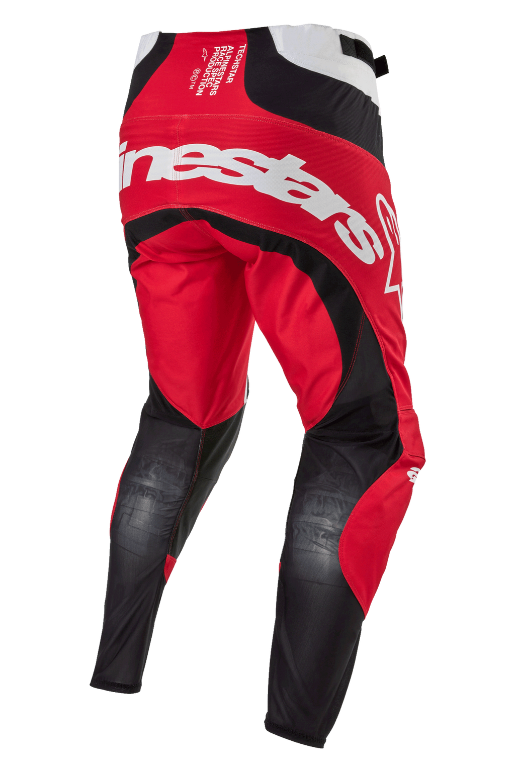 Alpinestars Techstar Ocuri Pants 2024, pantalon de motocross, Rouge Mars, blanc et noir, vue arrière montrant le large logo Alpinestars blanc sur l'assise, des panneaux en mesh noir respirant à l'arrière des jambes et une construction textile rouge durable pour le tout-terrain