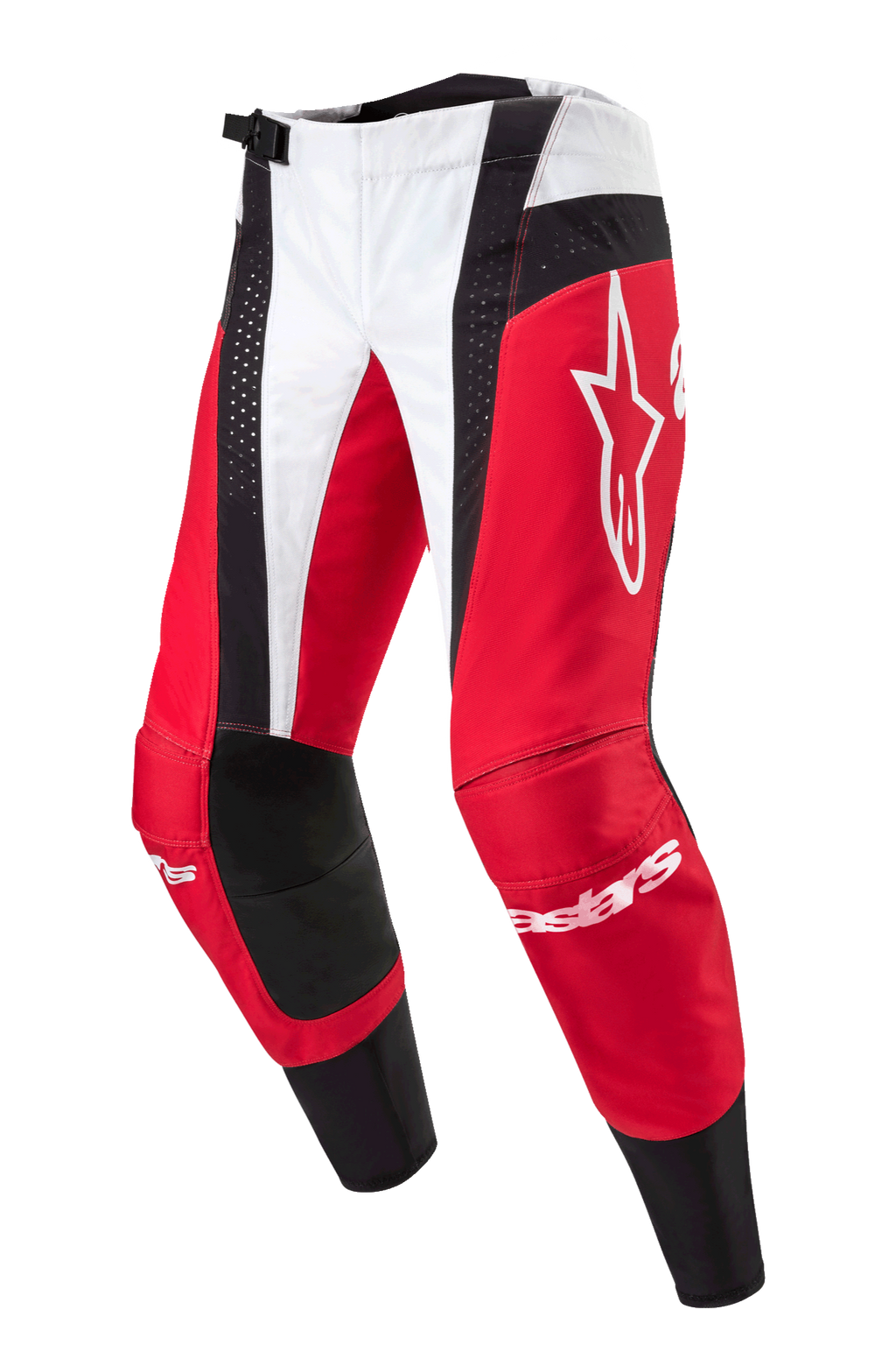 Alpinestars Techstar Ocuri Pants 2024, pantalon de motocross, rouge Mars, blanc et noir, avec des panneaux rouges et blancs et des accents noirs perforés, grand logo Astar blanc sur la cuisse, marquage Alpinestars sur les tibias, conception durable pour la course tout-terrain