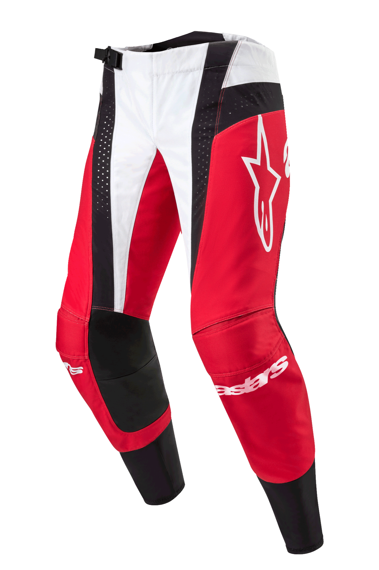 Alpinestars Techstar Ocuri Pants 2024, pantalon de motocross, rouge Mars, blanc et noir, avec des panneaux rouges et blancs et des accents noirs perforés, grand logo Astar blanc sur la cuisse, marquage Alpinestars sur les tibias, conception durable pour la course tout-terrain