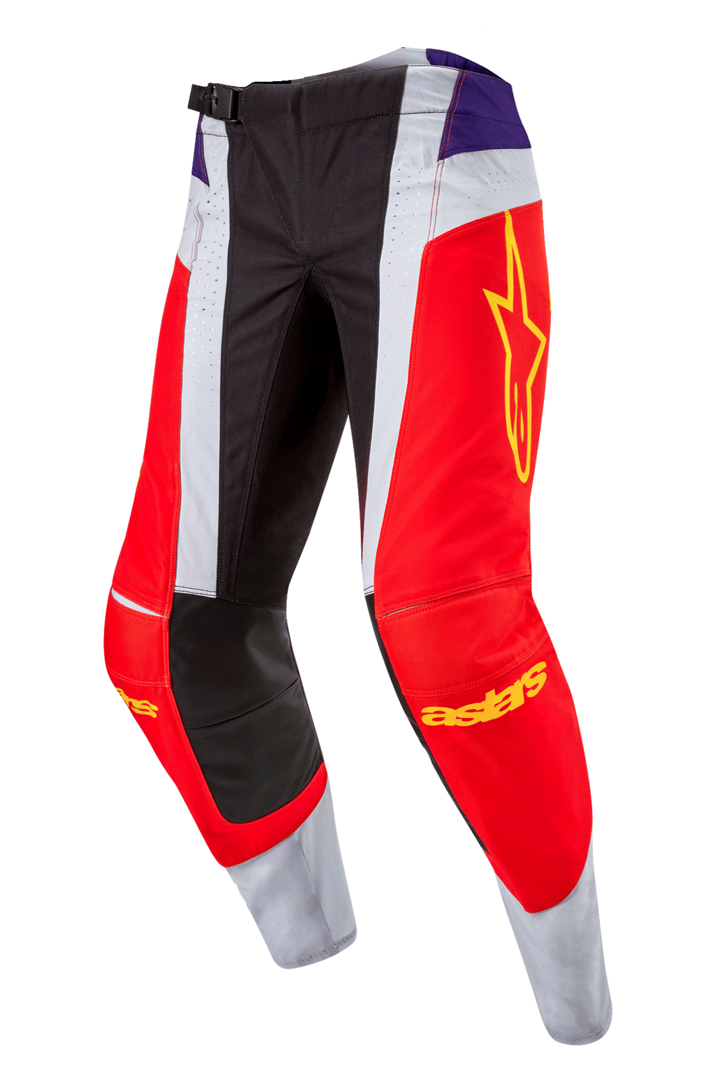 Alpinestars 2024 Techstar Ocuri broek, motorcross broek, Hot Orange Purple Black, voorzien van rode en witte panelen, paarse heupaccenten, geel sterlogo op de dij en zwarte versterkte knieën, sportief ontwerp voor off-road racing