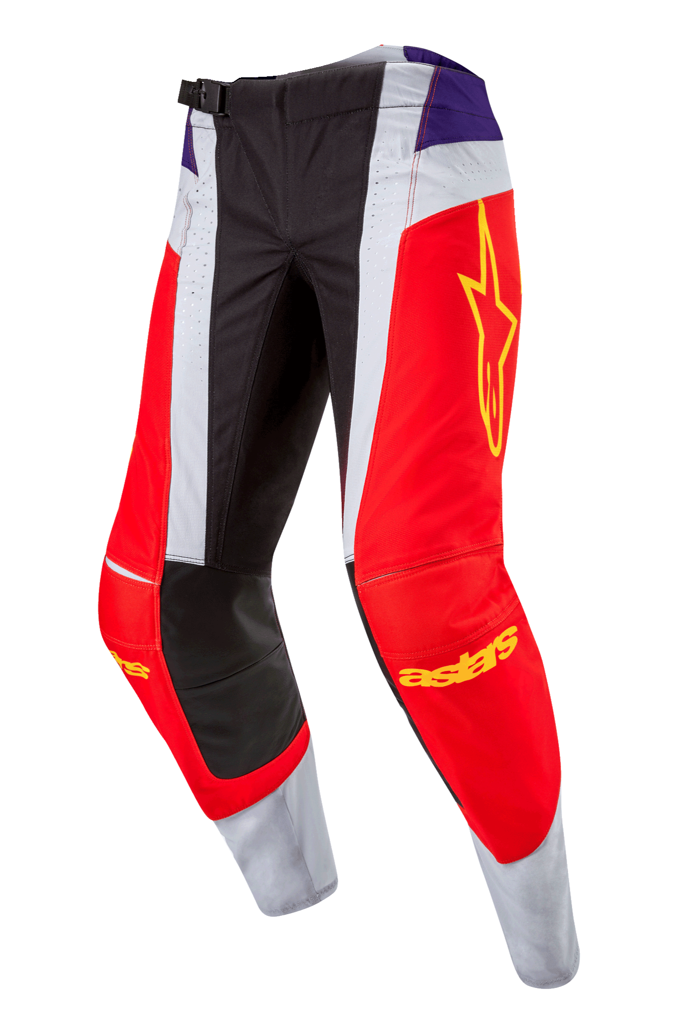 Alpinestars 2024 Techstar Ocuri broek, motorcross broek, Hot Orange Purple Black, voorzien van rode en witte panelen, paarse heupaccenten, geel sterlogo op de dij en zwarte versterkte knieën, sportief ontwerp voor off-road racing