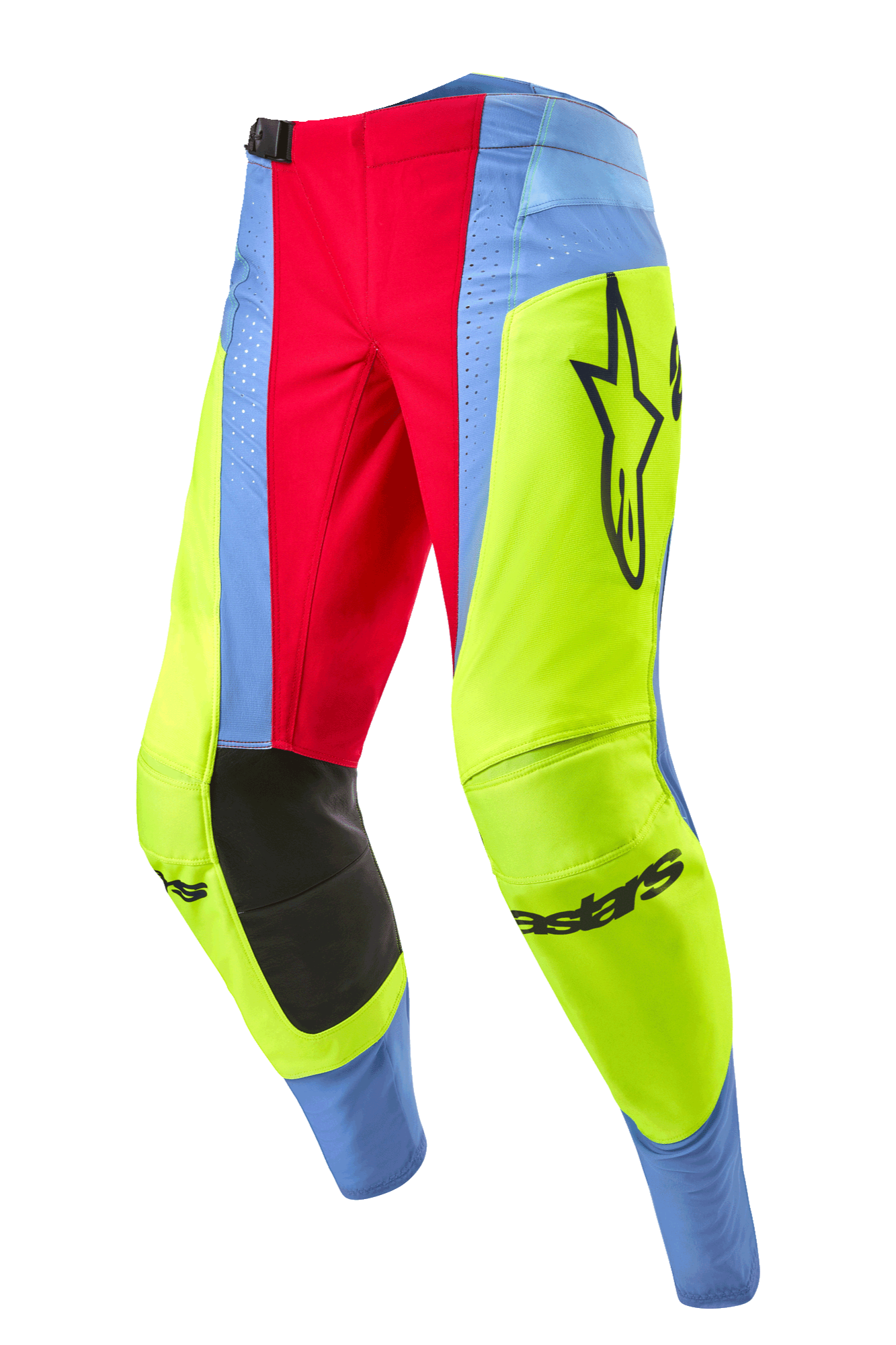 Alpinestars 2024 Techstar Ocuri crossbroek, motorcross broek, lichtblauw, fluogeel en bessenrood, voorzien van zwarte kniepanelen aan de binnenzijde, opvallend Alpinestars-logo en levendige veelkleurige panelen voor off-road racen