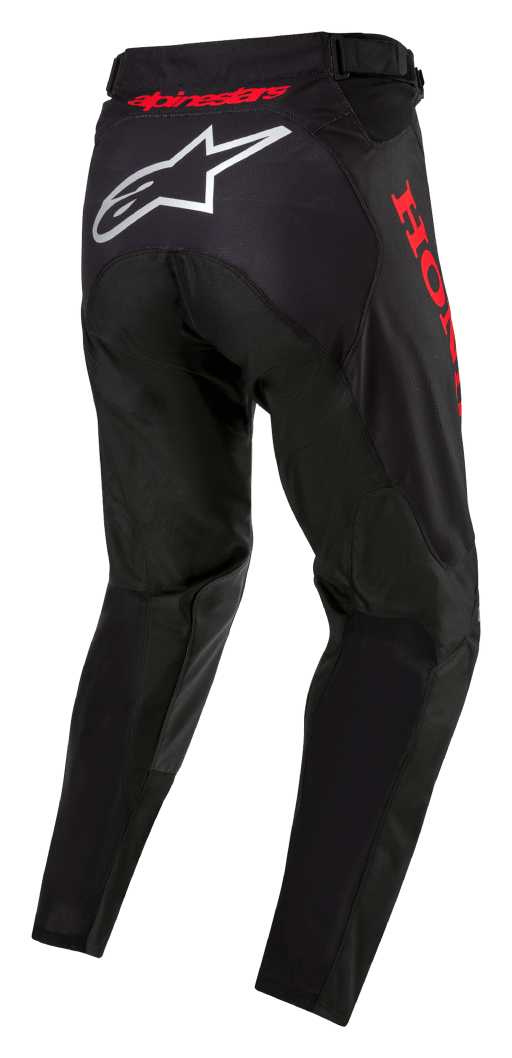 Honda Racer Iconic Pants, motocrossbroek, zwart en rood, achteraanzicht met wit Alpinestars-logo op het zitvlak en rode Honda-branding op de zijkant, ergonomisch ontwerp met rood logo op de tailleband voor off-road racing.