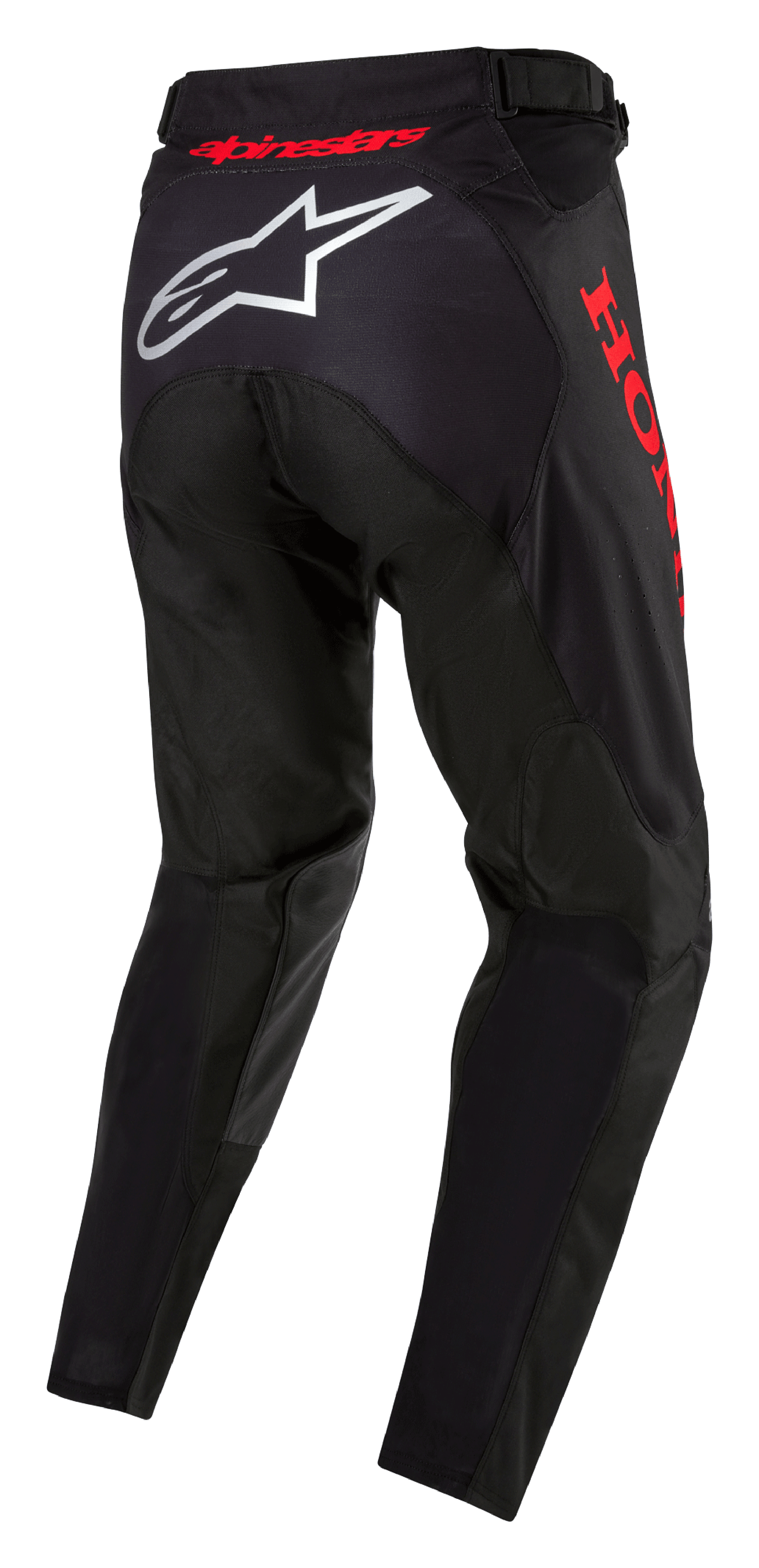 Honda Racer Iconic Pants, motocrossbroek, zwart en rood, achteraanzicht met wit Alpinestars-logo op het zitvlak en rode Honda-branding op de zijkant, ergonomisch ontwerp met rood logo op de tailleband voor off-road racing.
