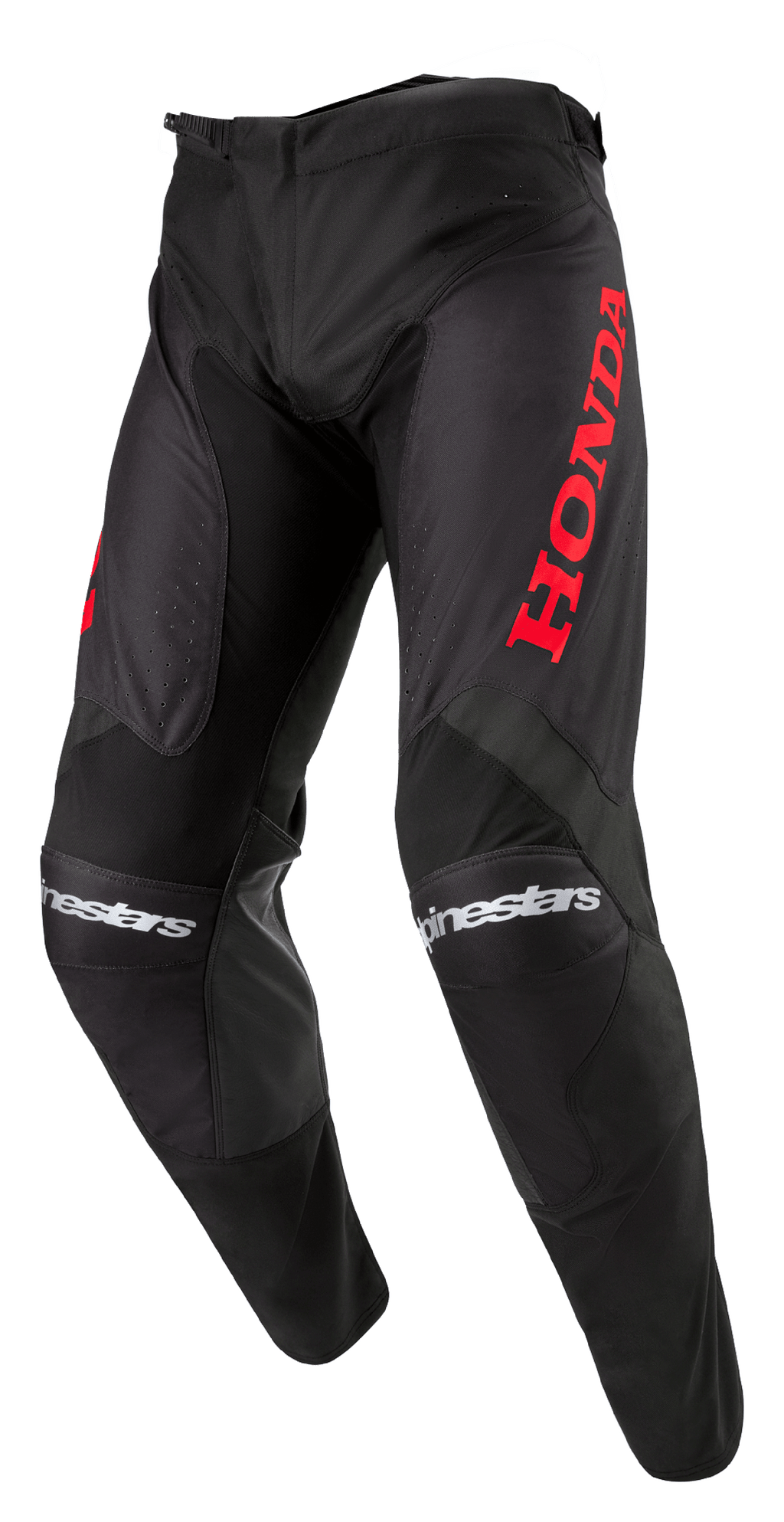 Alpinestars Honda Racer Iconic crossbroek, motorcross broek, zwart met rode branding, voorzien van een groot rood Honda-logo op het bovenbeen en witte Alpinestars-tekst op de knieën, sportief ontwerp voor off-road prestaties