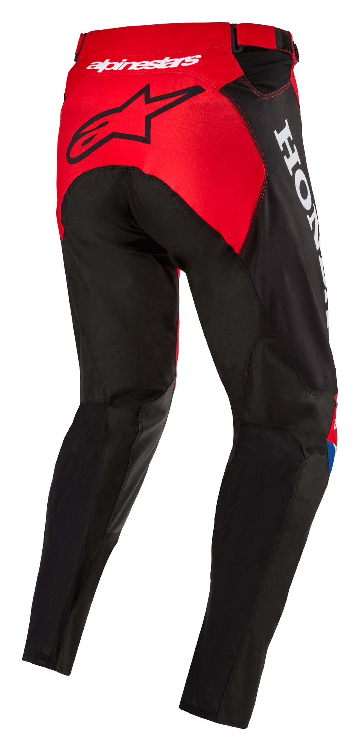 Alpinestars Honda Racer Iconic Pants, motorcross broek, felrood, zwart en wit, driekwart achteraanzicht met rood zitvlak en zwart sterlogo, witte Honda-branding aan de zijkant en duurzame textielconstructie met sportieve snit voor off-road racen