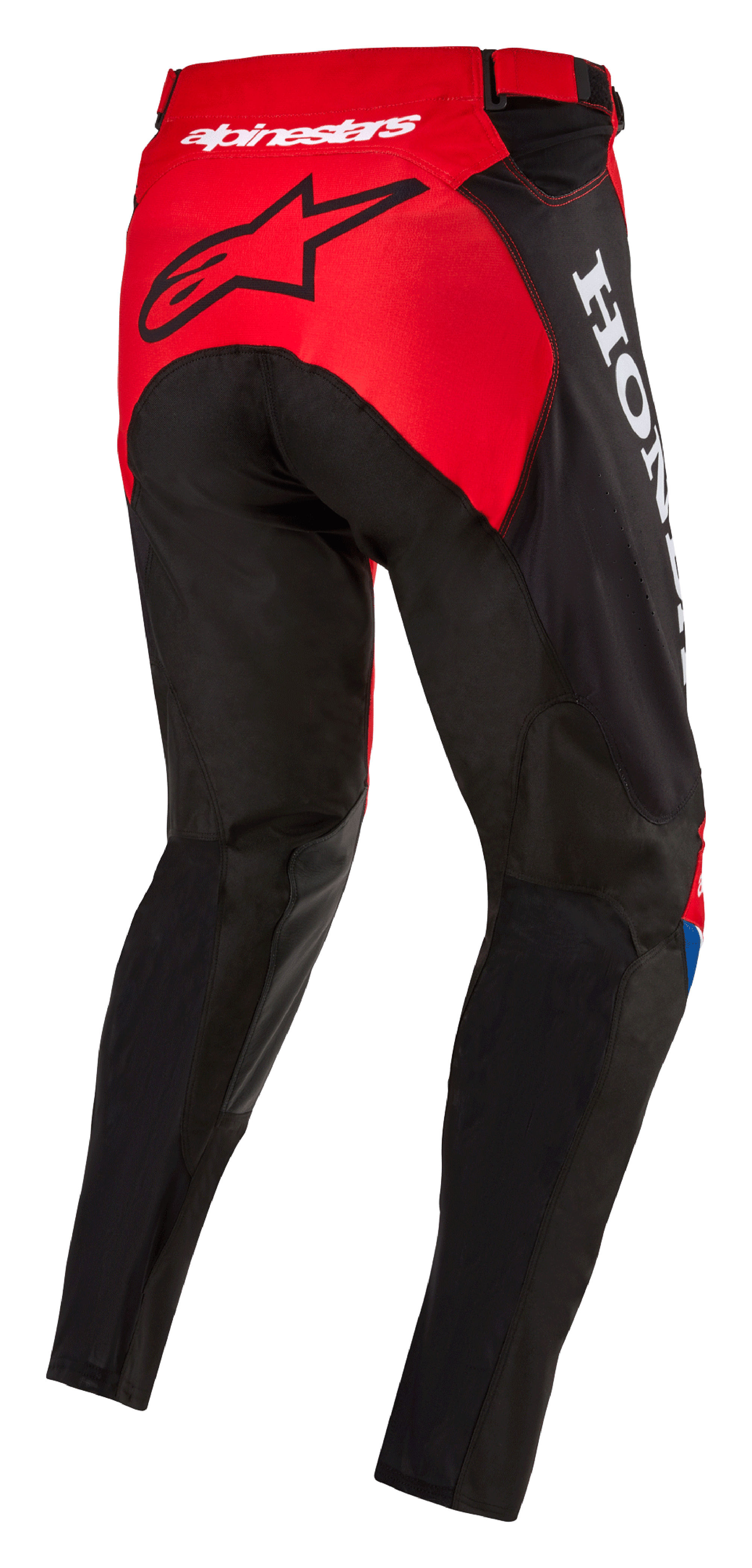 Alpinestars Honda Racer Iconic Pants, motorcross broek, felrood, zwart en wit, driekwart achteraanzicht met rood zitvlak en zwart sterlogo, witte Honda-branding aan de zijkant en duurzame textielconstructie met sportieve snit voor off-road racen