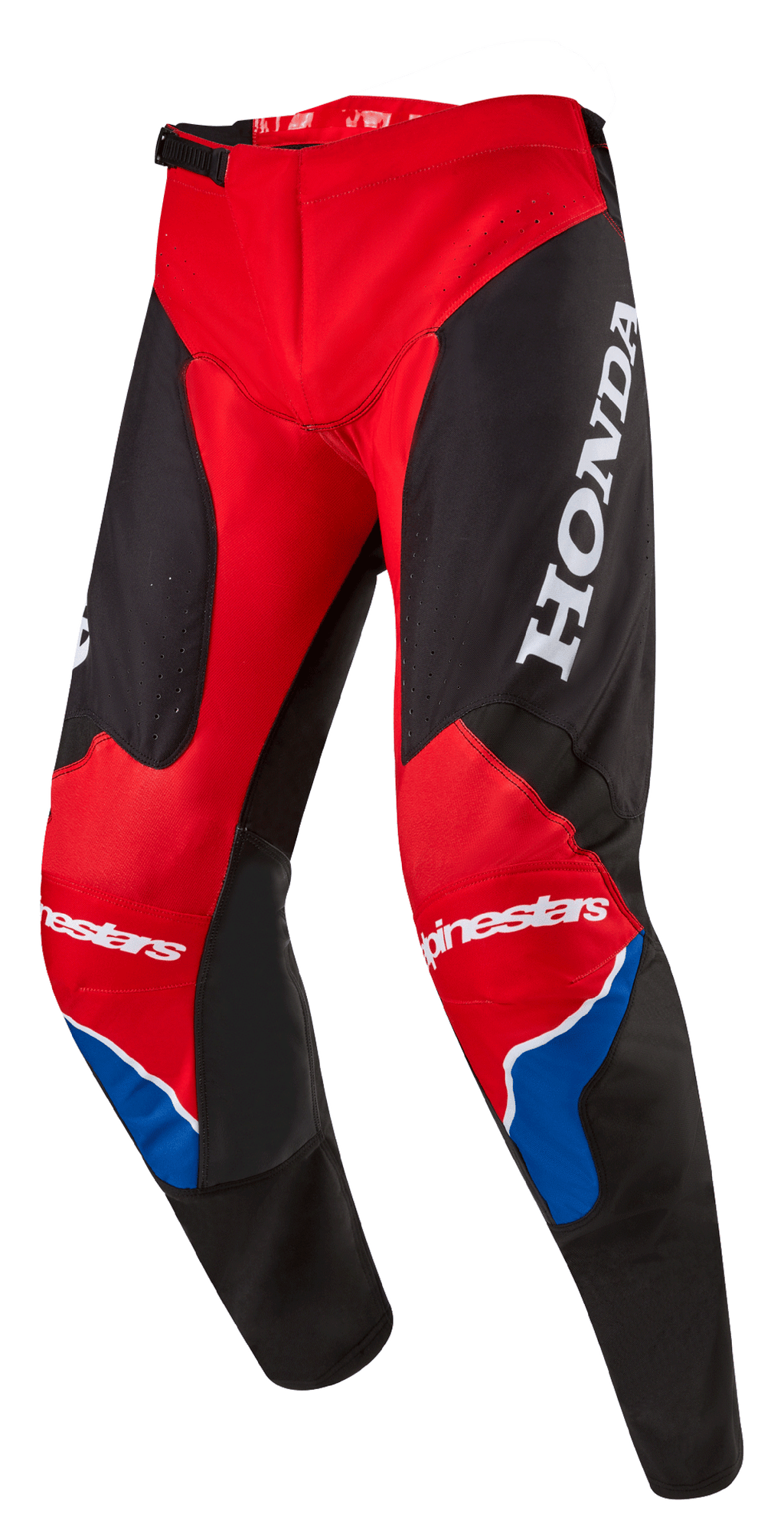 Alpinestars Honda Racer Iconic crossbroek, motorcrossbroek, felrood, zwart en wit met blauwe accenten, voorzien van een groot wit HONDA-logo op de dij, Alpinestars-branding op de knieën, ergonomische voorgevormde beenconstructie en verstelbare ratelsluiting in de taille.