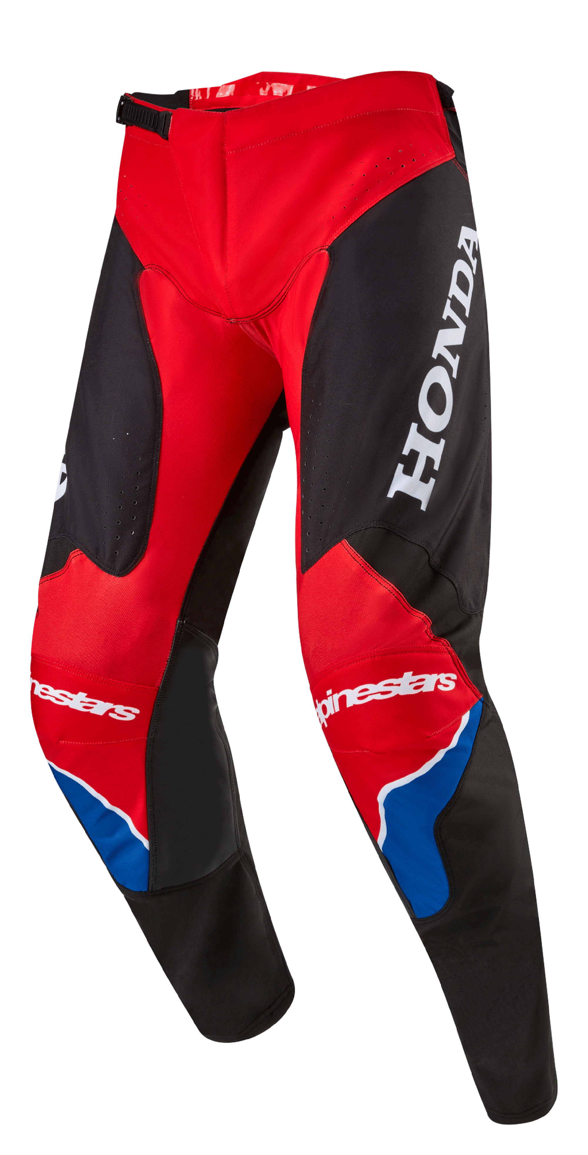 Alpinestars Honda Racer Iconic crossbroek, motorcrossbroek, felrood, zwart en wit met blauwe accenten, voorzien van een groot wit HONDA-logo op de dij, Alpinestars-branding op de knieën, ergonomische voorgevormde beenconstructie en verstelbare ratelsluiting in de taille.