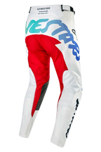 Alpinestars 2024 Racer Hana Pants, Motocross Pants, White Multicolor, rear-side view featuring a prominent red seat panel and teal-to-blue gradient graphics, black inner knee patches, pre-curved leg construction for off-road racing.