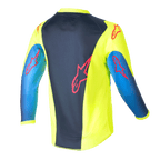Alpinestars Kids 2024 Racer Graphic 1 Jersey, maillot de motocross, jaune fluo et bleu marine Night Navy, vue arrière montrant les logos d'étoiles rouges, design dynamique avec panneau central bleu marine et côtés jaunes, poly-tissu léger pour la conduite tout-terrain