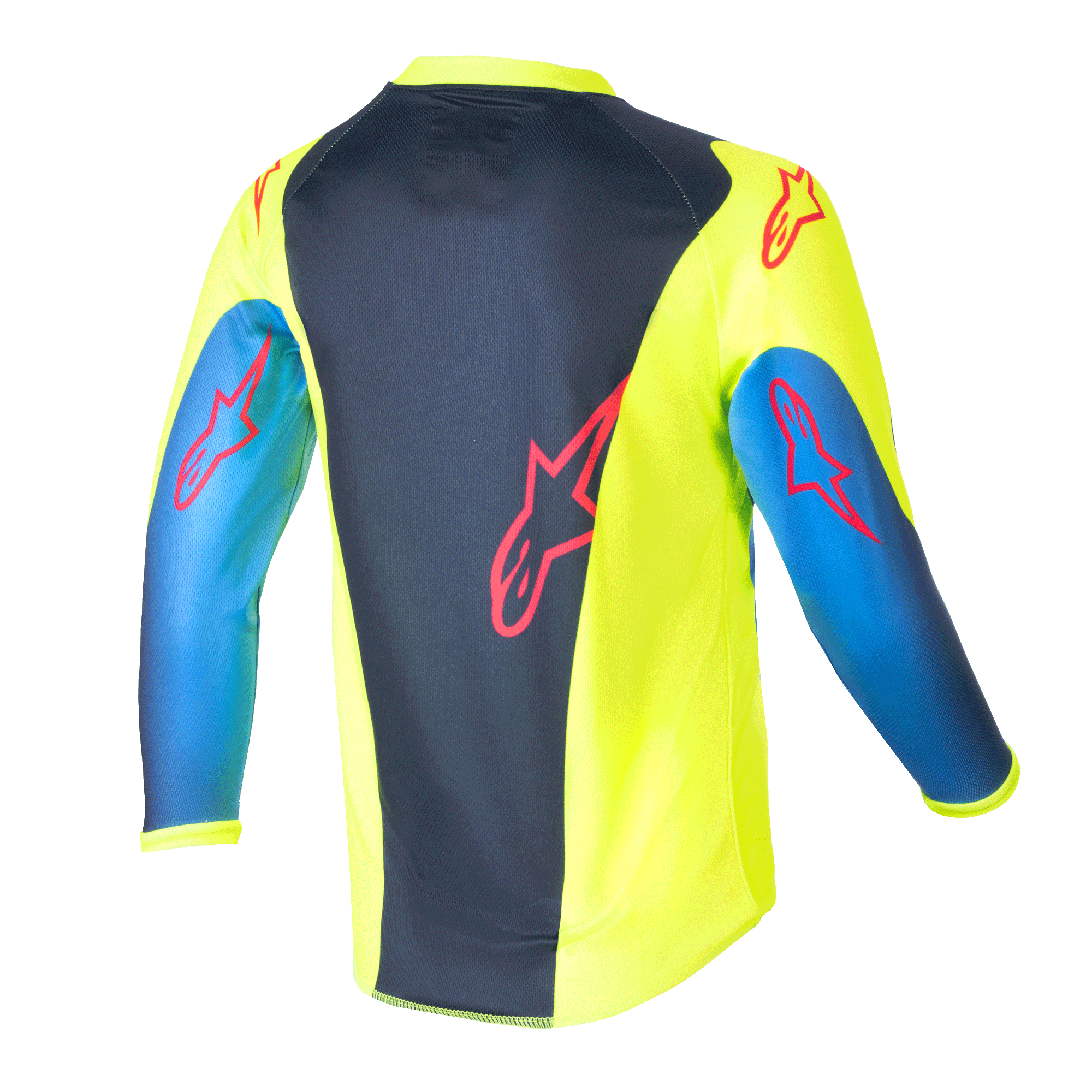 Alpinestars Kids 2024 Racer Graphic 1 Jersey, maillot de motocross, jaune fluo et bleu marine Night Navy, vue arrière montrant les logos d'étoiles rouges, design dynamique avec panneau central bleu marine et côtés jaunes, poly-tissu léger pour la conduite tout-terrain