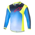 Alpinestars Kids 2024 Racer Graphic 1 Jersey, maillot de motocross à manches longues pour enfant, bleu et jaune fluo, avec un motif en dégradé bleu, un logo rouge sur la poitrine, des panneaux latéraux et un col jaune fluo, tissu technique léger