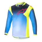 Alpinestars Kids 2024 Racer Graphic 1 Jersey, maillot de motocross à manches longues pour enfant, bleu et jaune fluo, avec un motif en dégradé bleu, un logo rouge sur la poitrine, des panneaux latéraux et un col jaune fluo, tissu technique léger