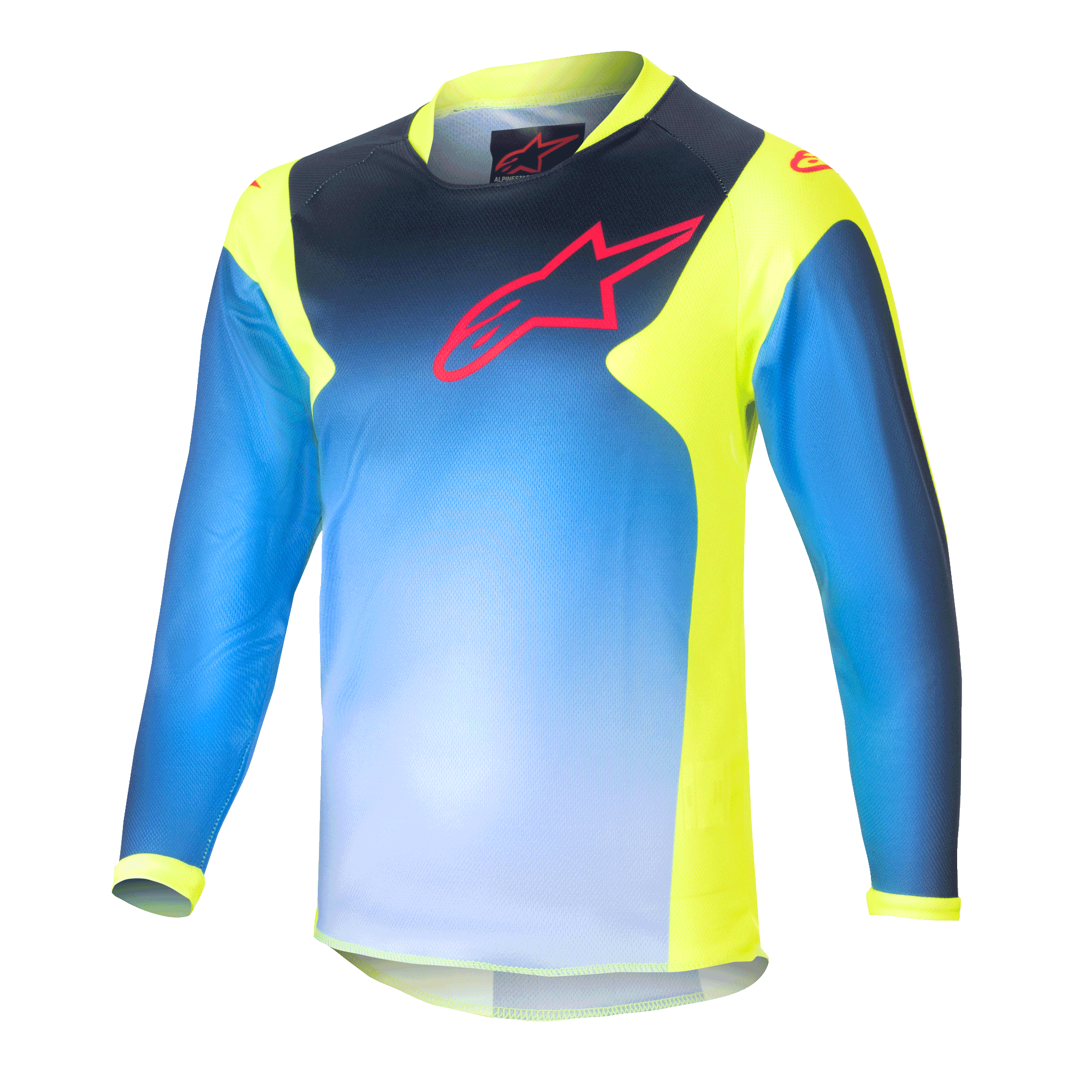 Alpinestars Kids 2024 Racer Graphic 1 Jersey, maillot de motocross à manches longues pour enfant, bleu et jaune fluo, avec un motif en dégradé bleu, un logo rouge sur la poitrine, des panneaux latéraux et un col jaune fluo, tissu technique léger