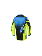 Maillot Alpinestars Kids Racer Nomur 2026, maillot de motocross, jaune, bleu et noir, vue arrière montrant un grand logo d'étoile bleu et blanc, un motif moucheté en dégradé et un pan arrière allongé pour la course tout-terrain