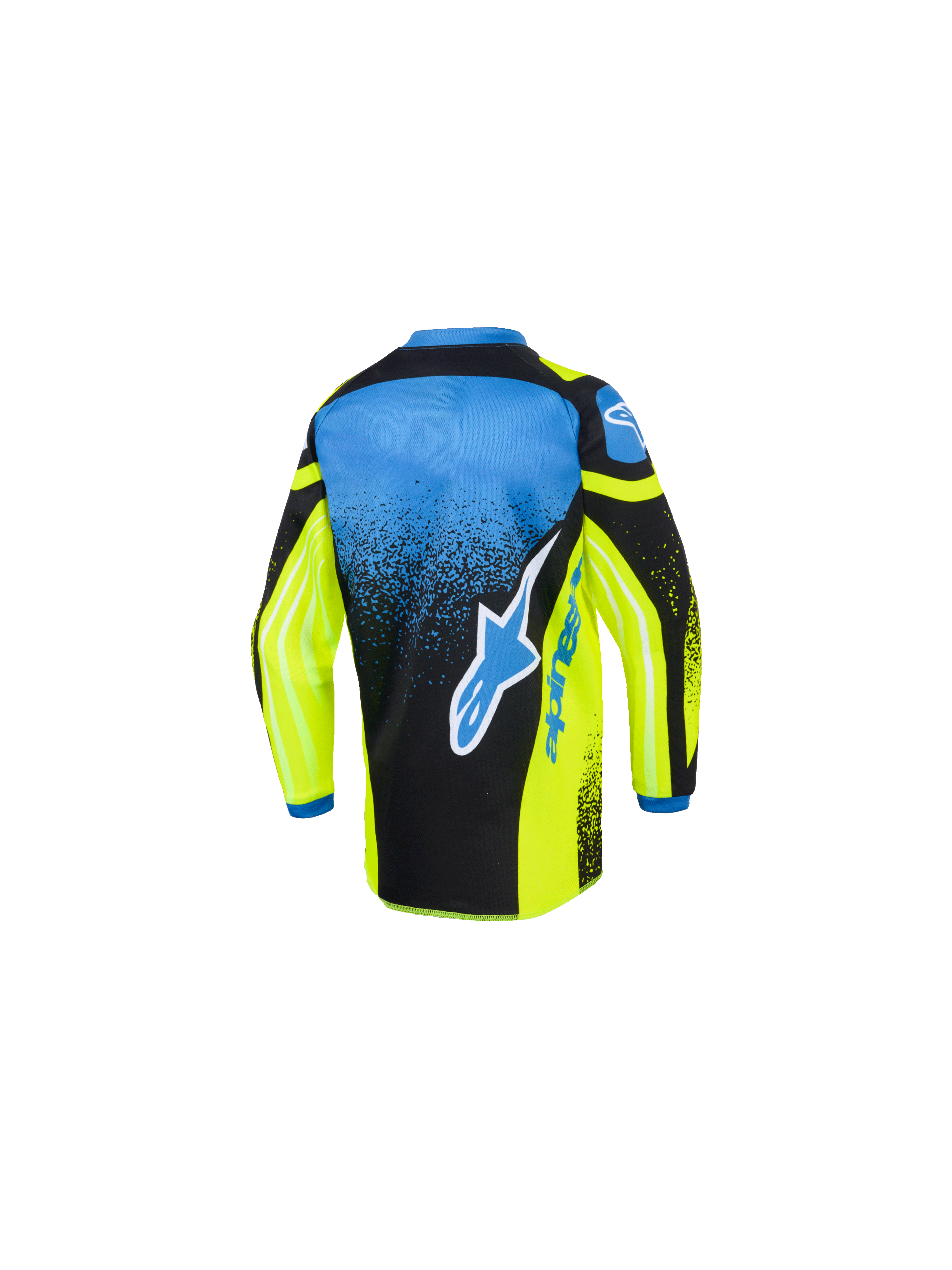 Maillot Alpinestars Kids Racer Nomur 2026, maillot de motocross, jaune, bleu et noir, vue arrière montrant un grand logo d'étoile bleu et blanc, un motif moucheté en dégradé et un pan arrière allongé pour la course tout-terrain