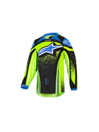 Alpinestars 2026 Kids Racer Nomur Jersey, maillot de motocross à manches longues pour enfant, jaune fluorescent et noir avec accents bleus, grand logo étoile bleu sur la poitrine, tissu technique léger évacuant l'humidité pour le tout-terrain