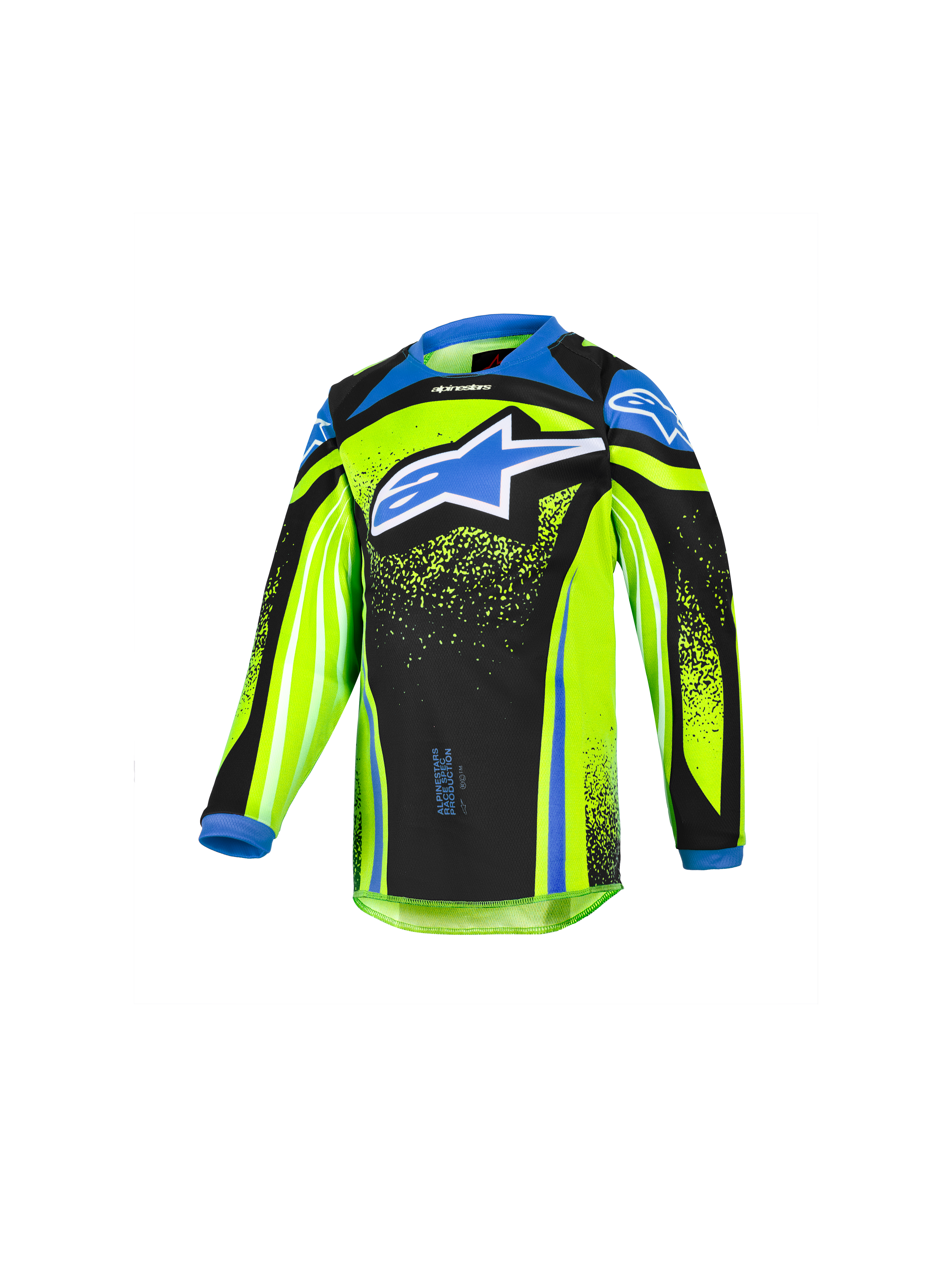 Alpinestars 2026 Kids Racer Nomur Jersey, maillot de motocross à manches longues pour enfant, jaune fluorescent et noir avec accents bleus, grand logo étoile bleu sur la poitrine, tissu technique léger évacuant l'humidité pour le tout-terrain